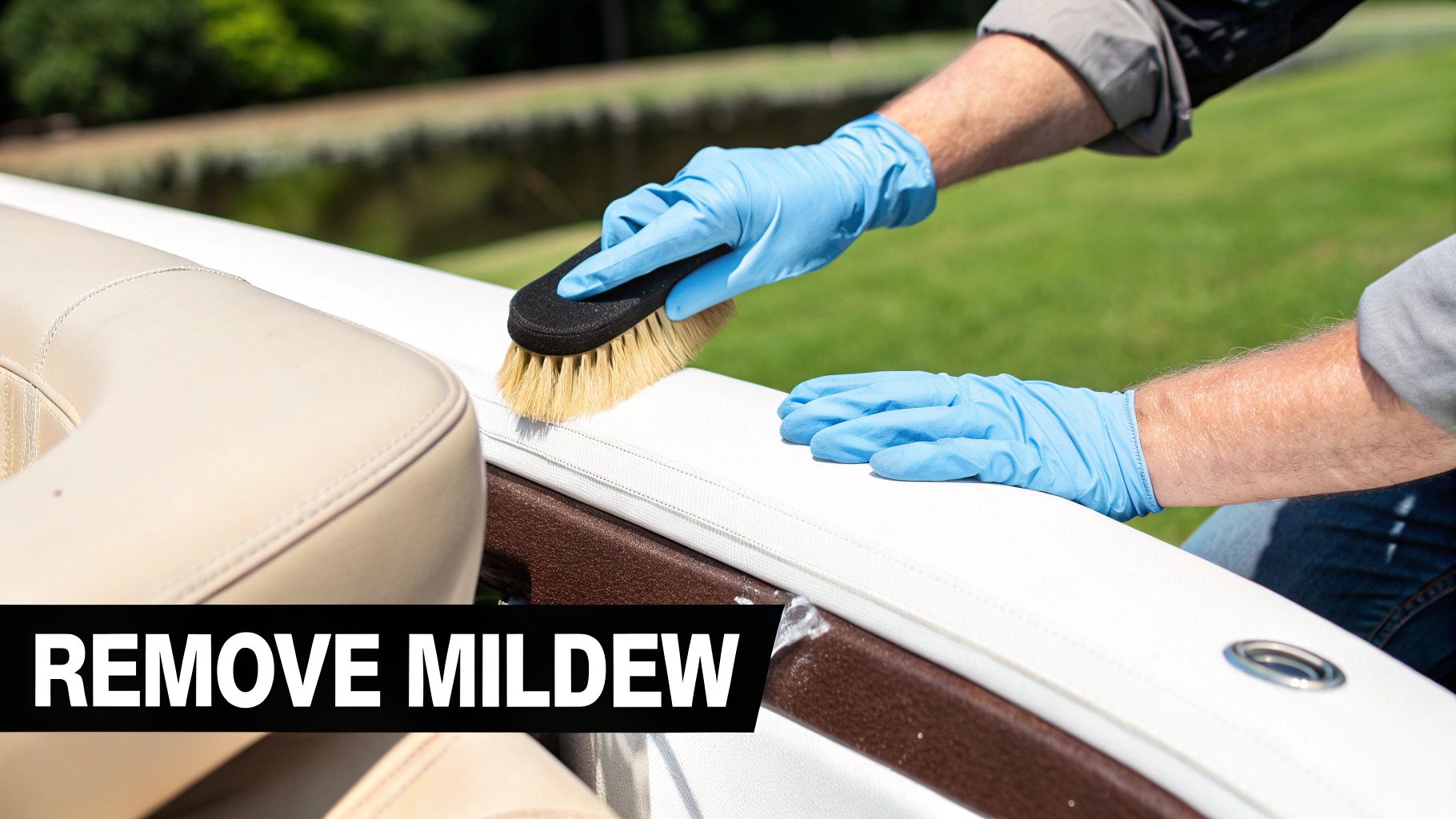 Person in blue gloves scrubbing mildew from white marine upholstery with a brush outdoors.