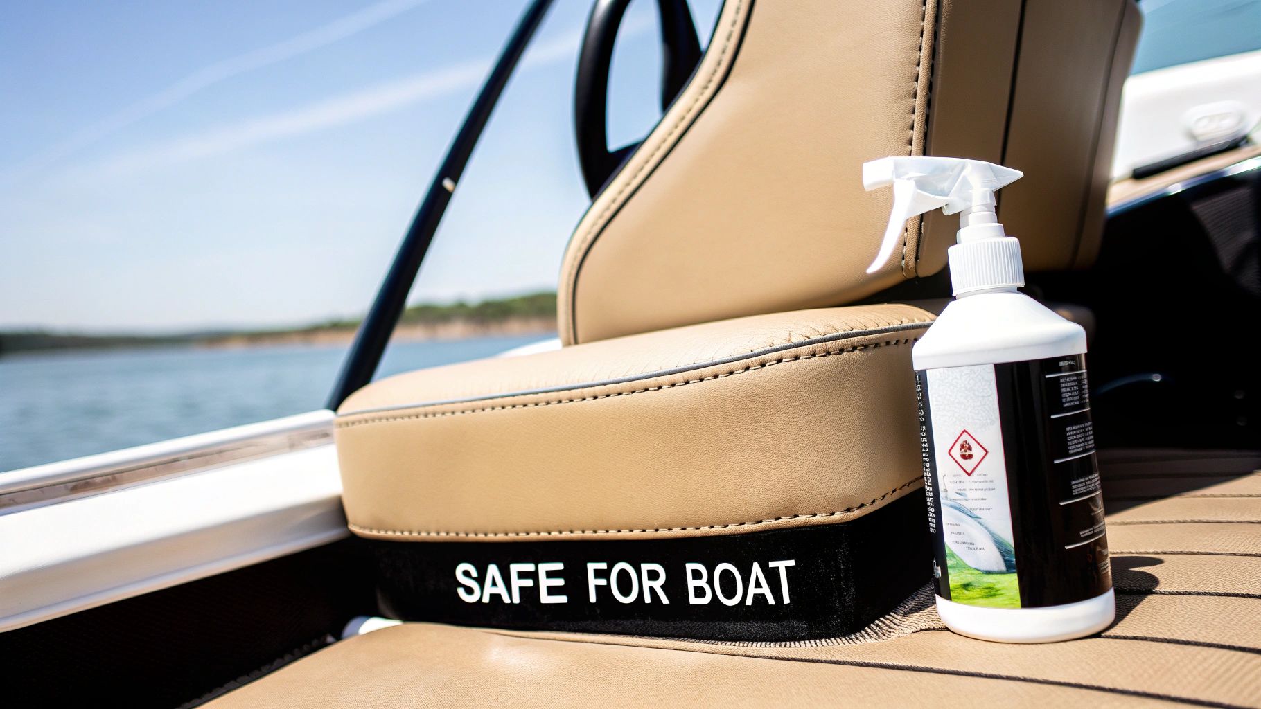 A spray bottle of cleaner sits on a tan boat seat with a 'SAFE FOR BOAT' label visible, on a sunny day on the water.