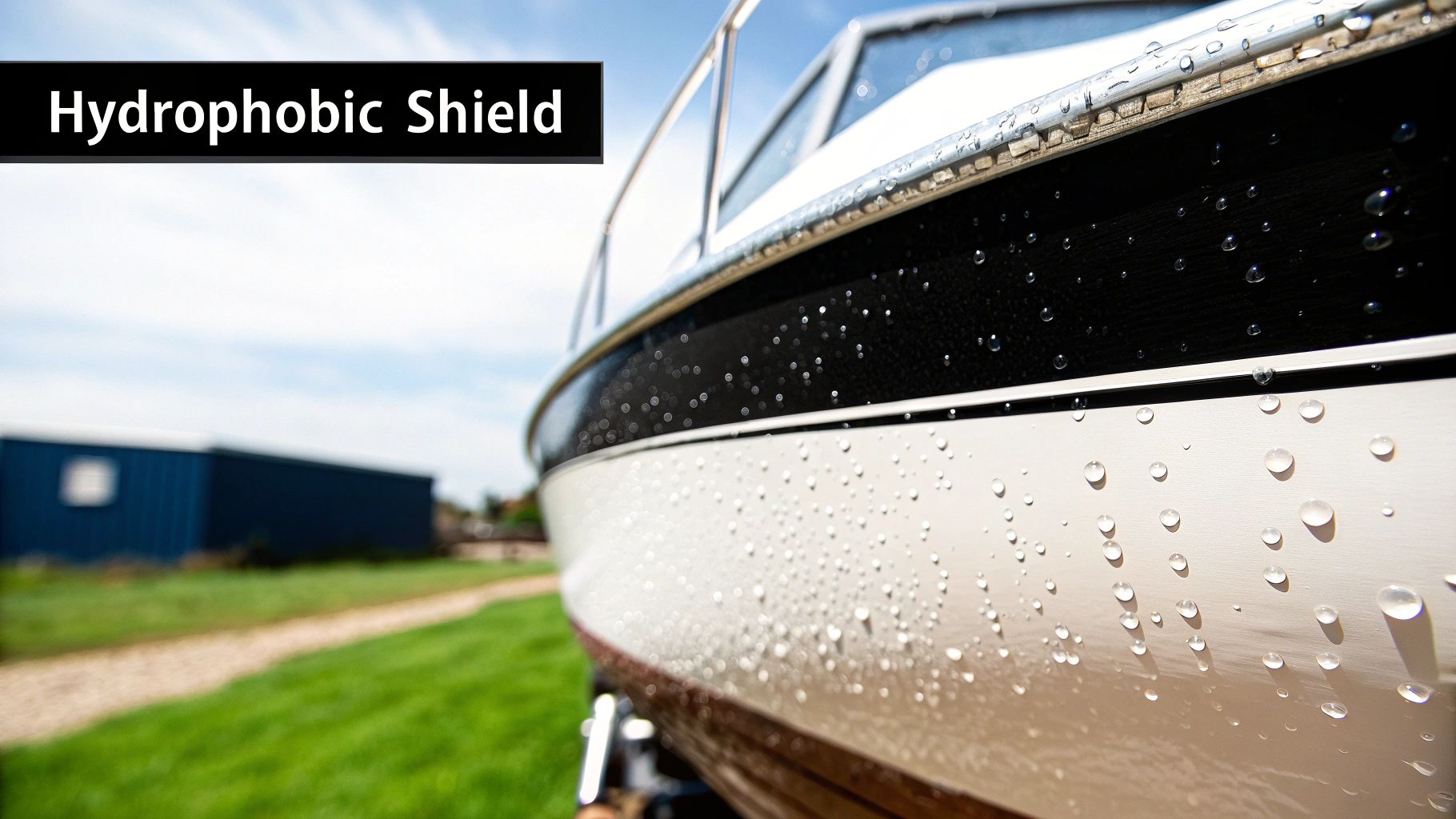 Water beads on the side of a boat, showcasing a hydrophobic shield against the elements.