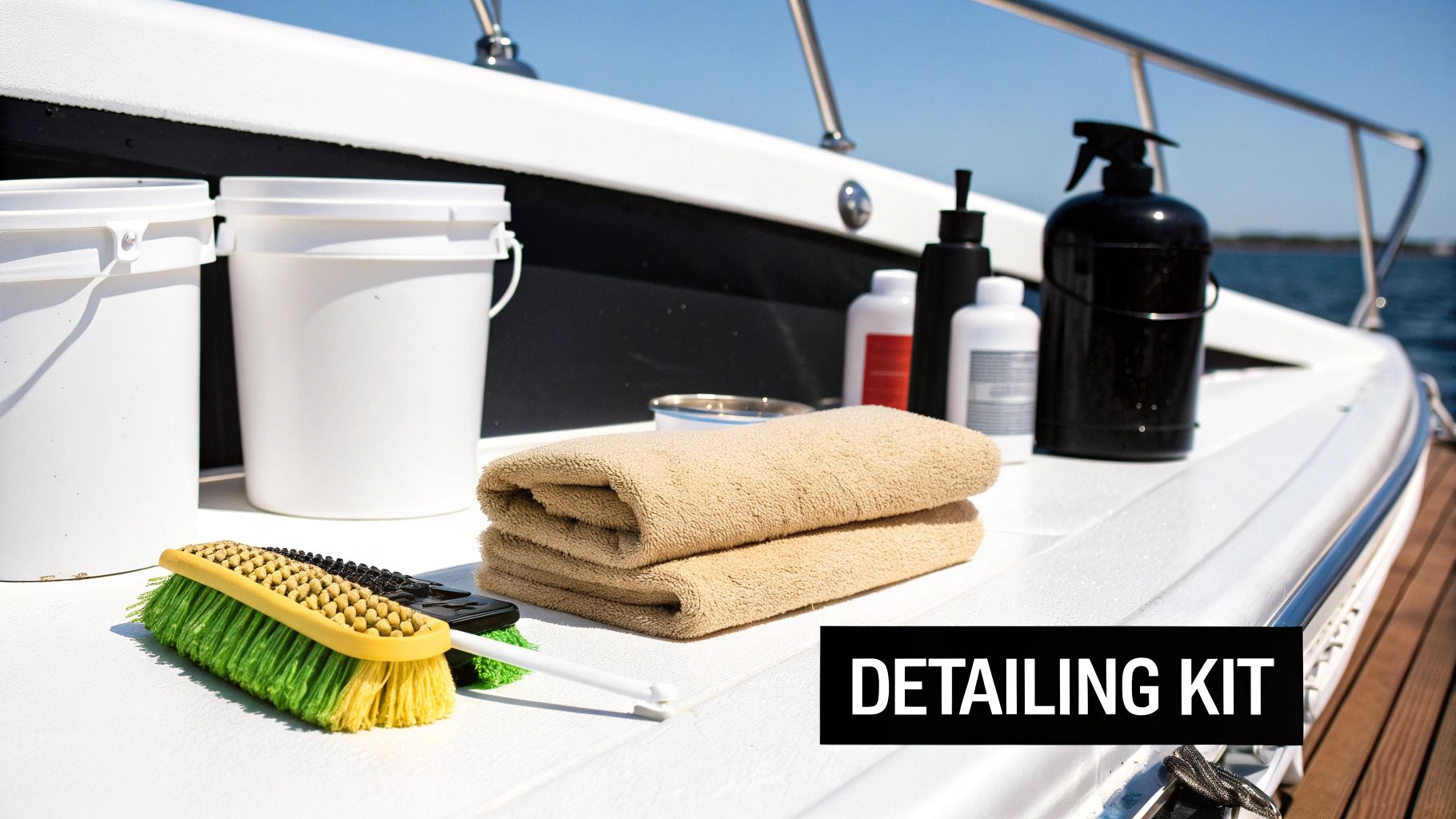 A boat detailing kit laid out on the deck of a white boat, including buckets, brushes, towels, and cleaning solutions.