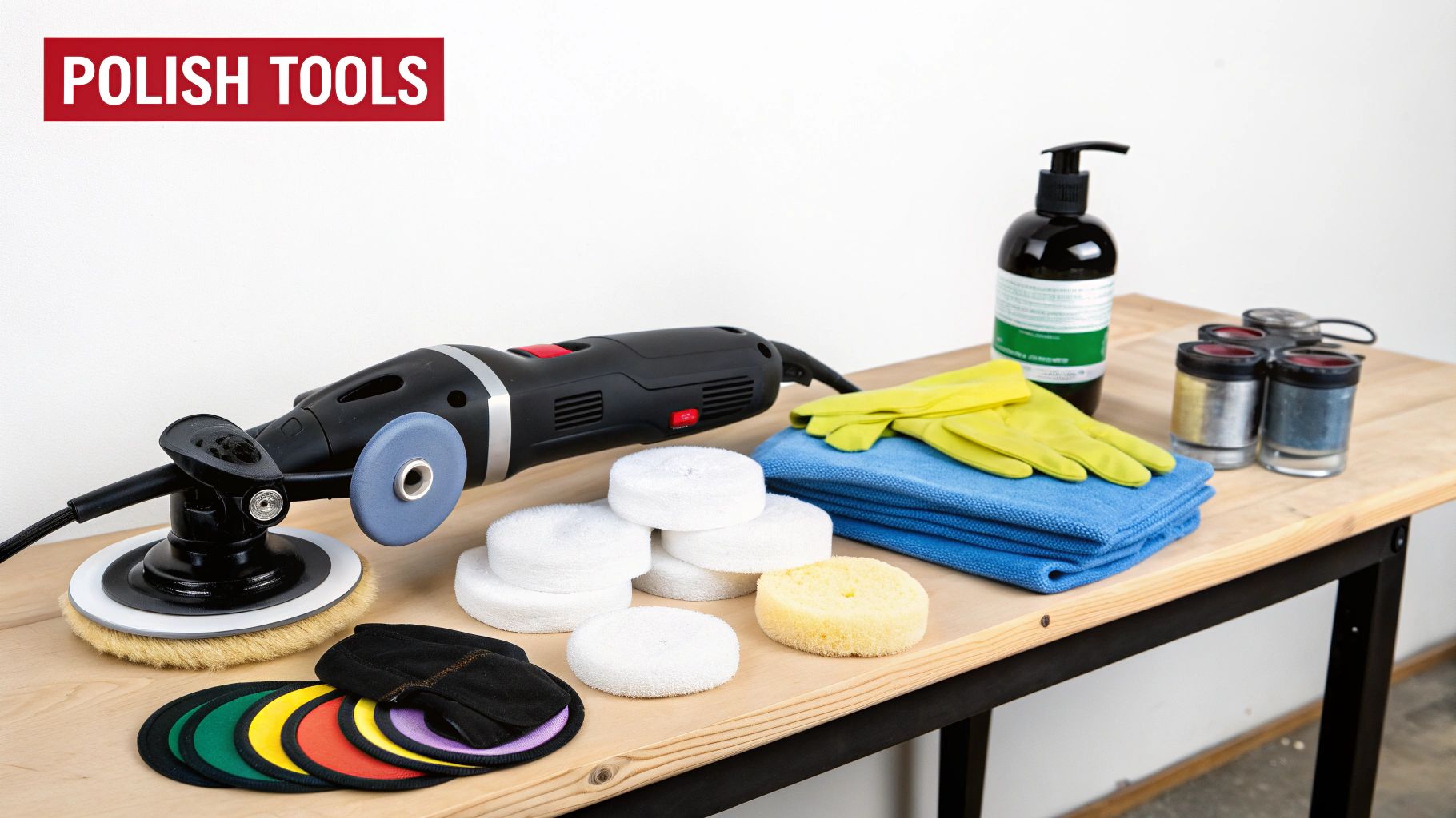 A collection of polish tools for aluminum boats including an orbital polisher, pads, gloves, towels, and polish bottles.