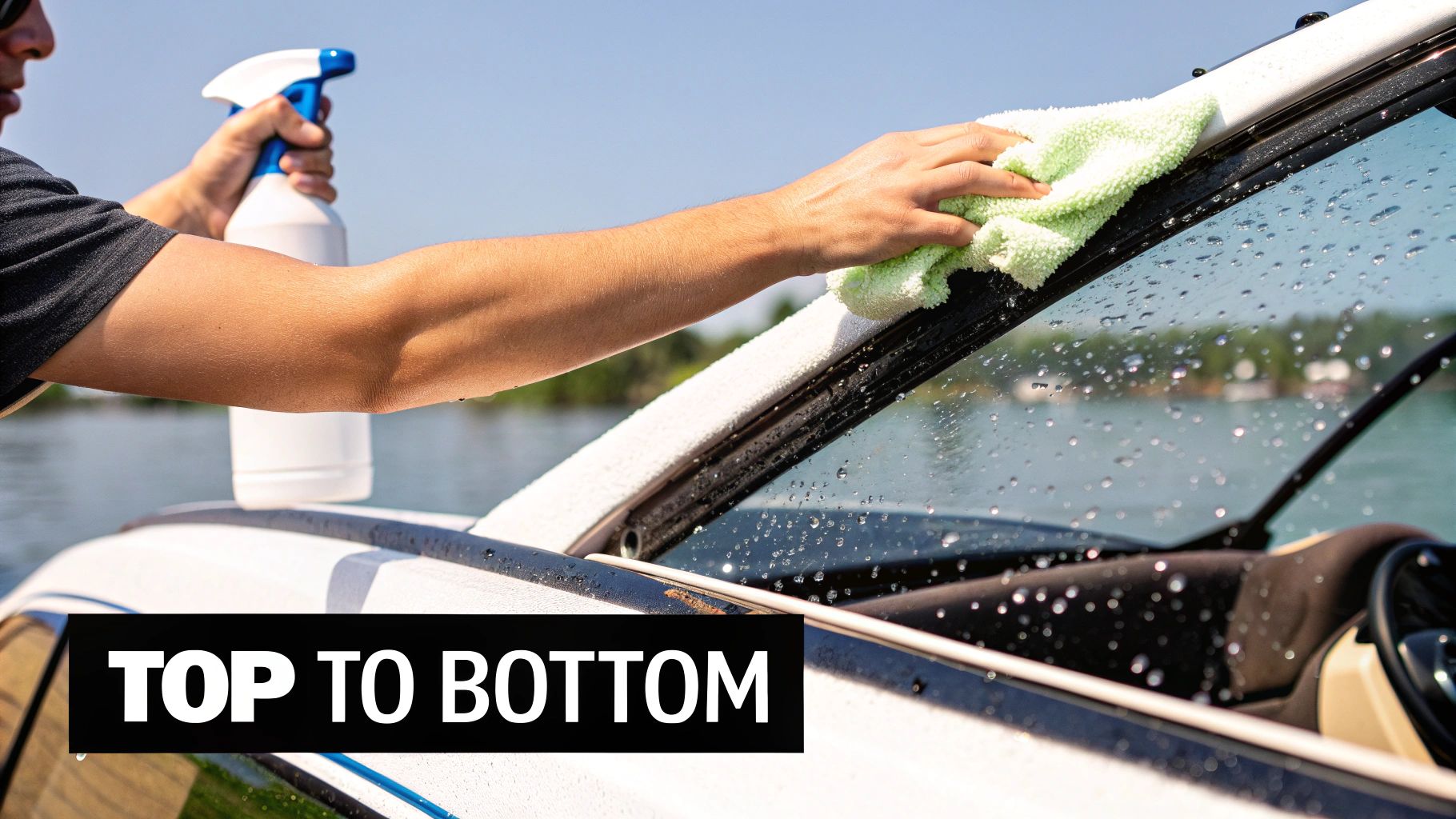 A person's hands cleaning a boat windshield with spray and a microfiber cloth under a sunny sky.
