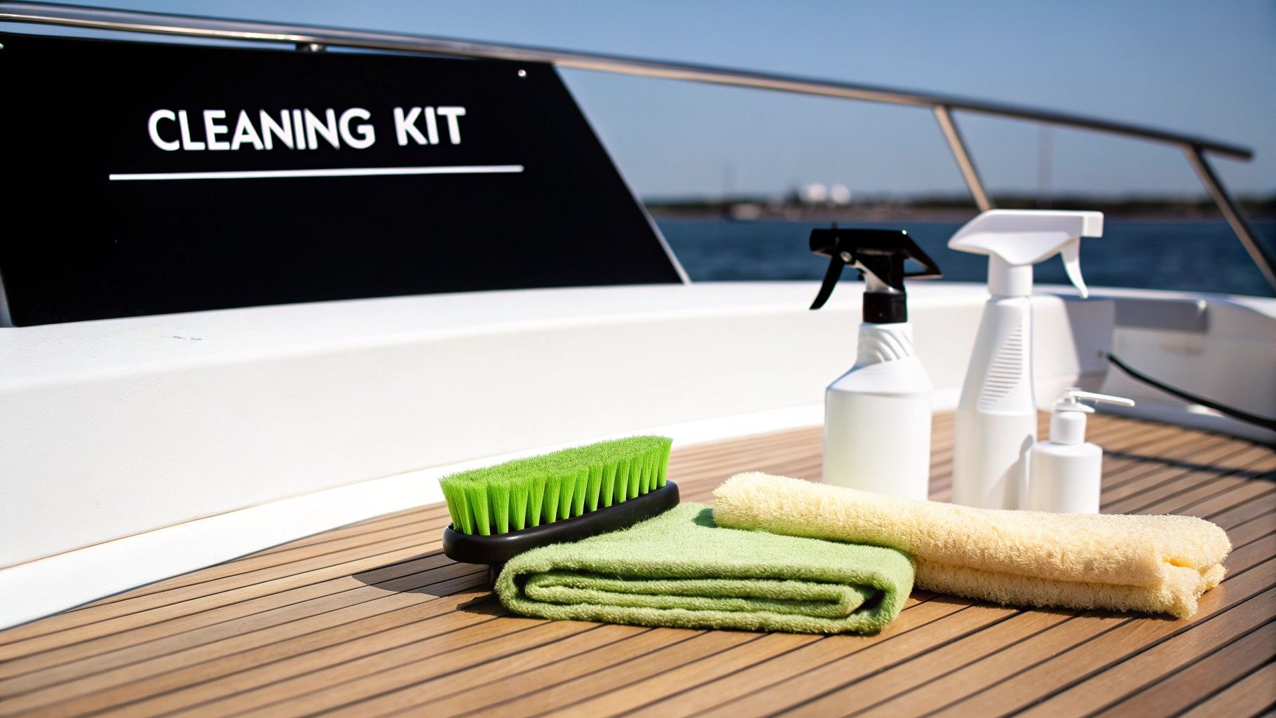 A boat cleaning kit on a wooden deck, with brushes, towels, and spray bottles under sunny skies.
