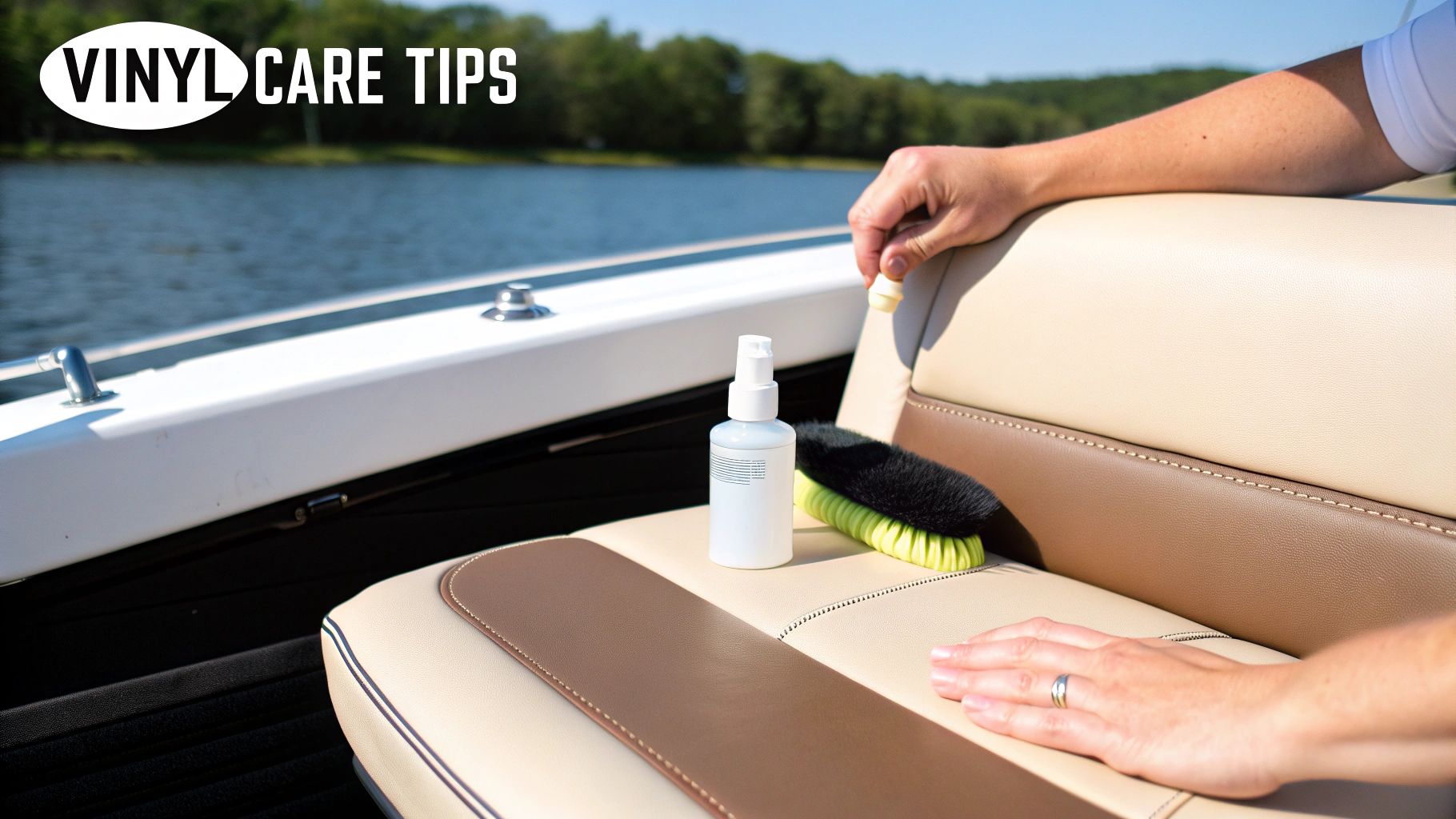 A person cleaning beige and brown vinyl boat seats with a brush and cleaning product, illustrating vinyl care tips.