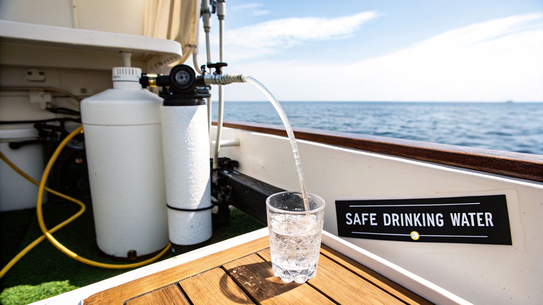 A boat's water filter dispenses safe drinking water into a glass on a sunny day at sea.