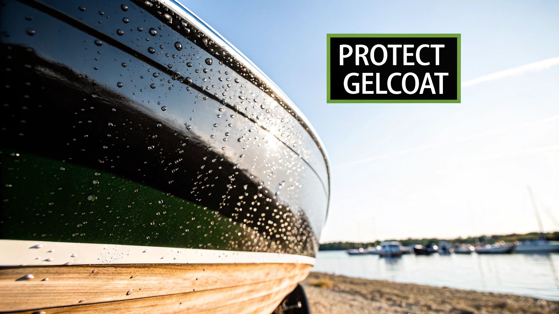 Close-up of a dark boat hull with water droplets and a 'PROTECT GELCOAT' message, reflecting sunlight.