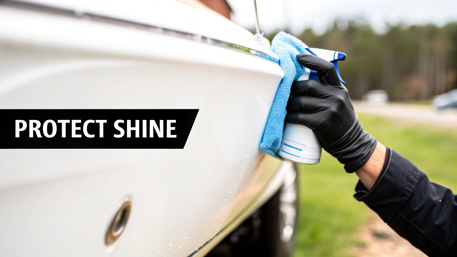 A gloved hand cleaning a white boat's fiberglass surface with a spray bottle and blue cloth, with text 'PROTECT SHINE'.