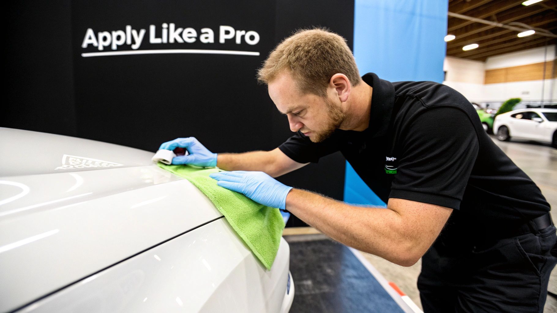 Man in blue gloves applies a sealant product to the hood of a white car.