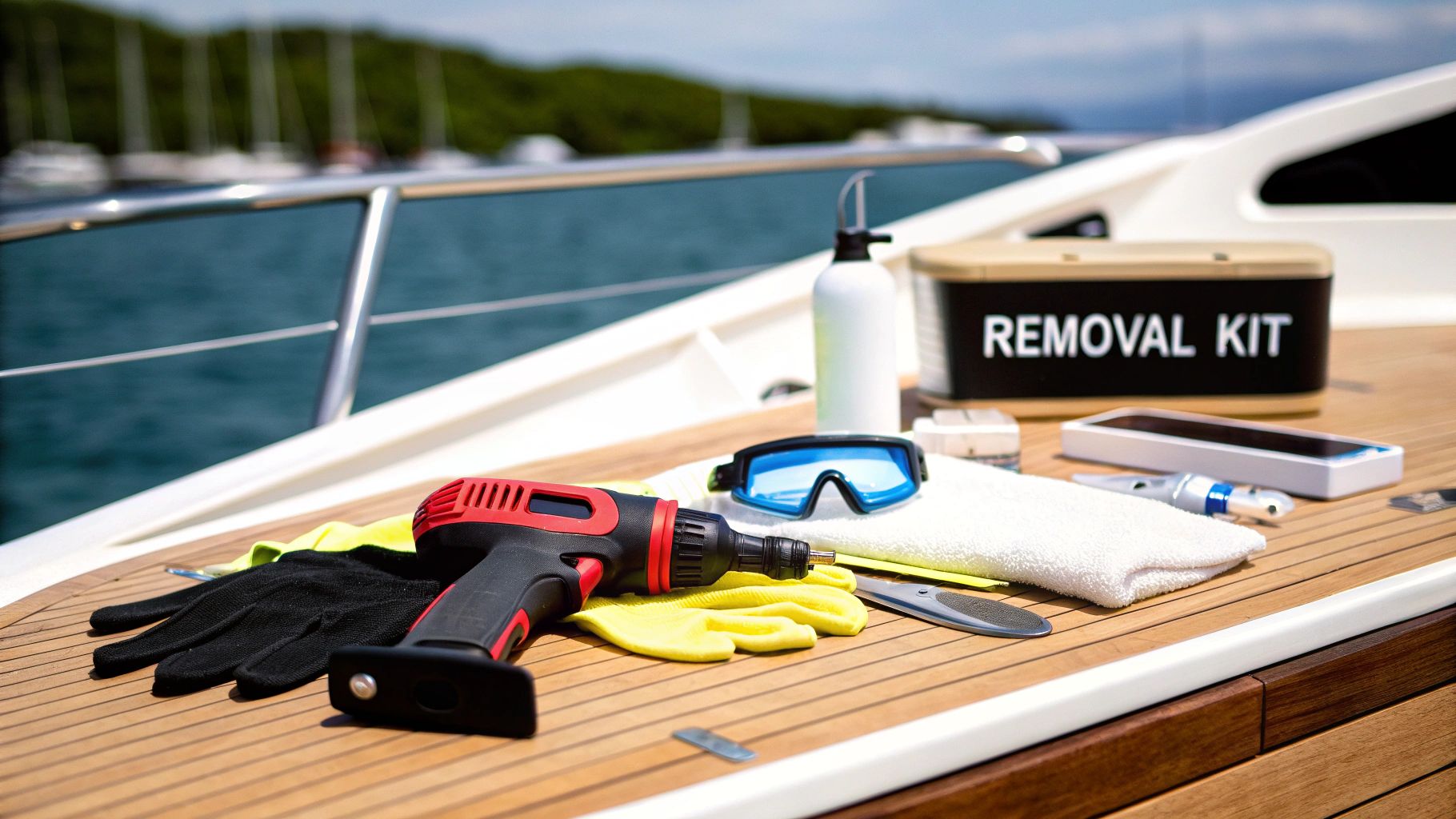 A collection of tools, including a drill, gloves, and safety goggles, arranged on a boat deck with a removal kit.