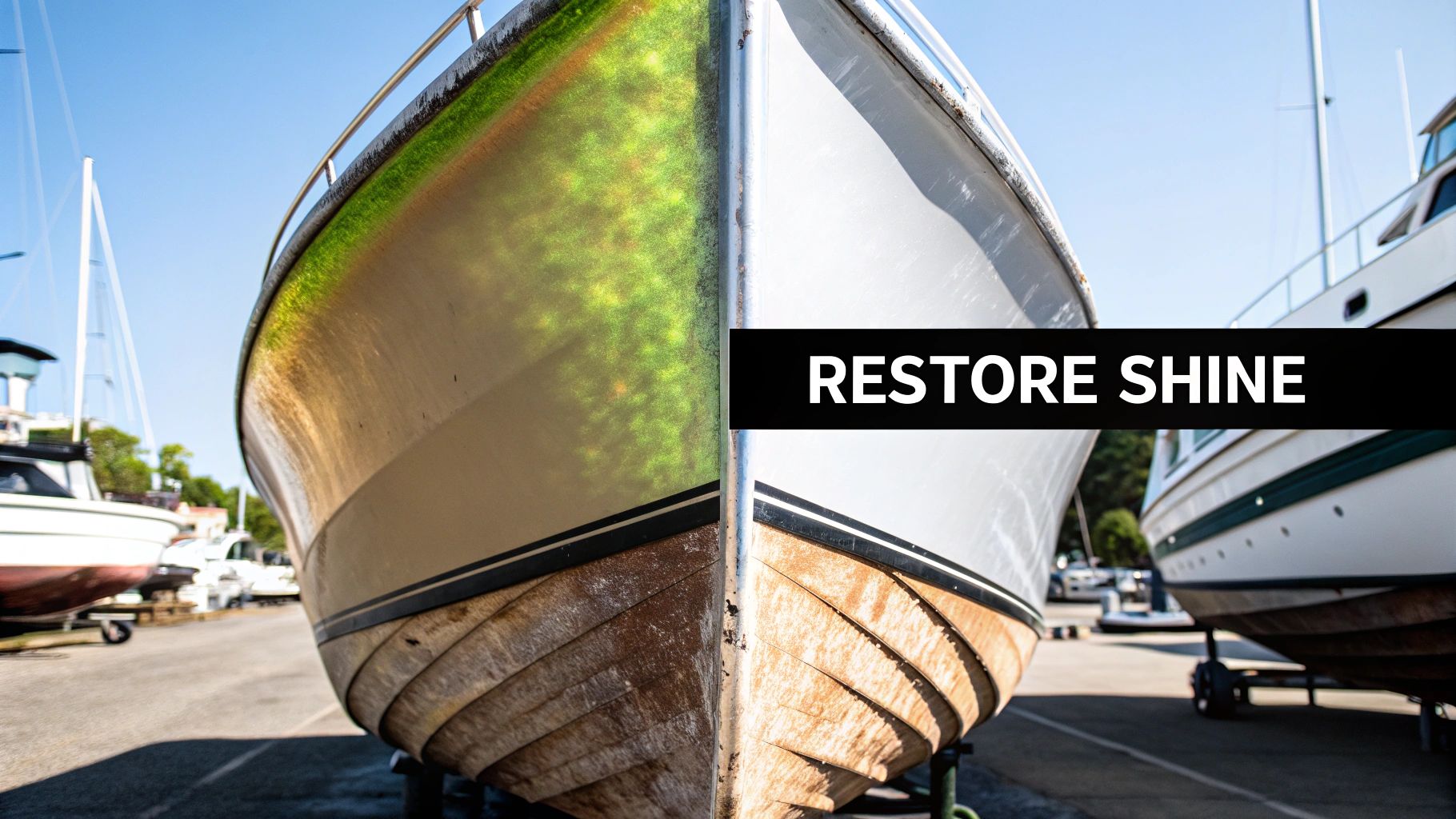 A boat split in half, showing a dirty, algae-covered side versus a clean, shiny side, with 'RESTORE SHINE' text.