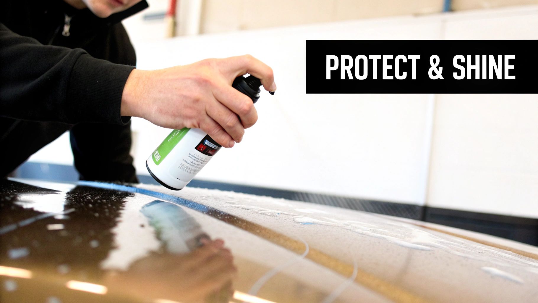A person's hand sprays a product from a bottle onto a glossy surface, with text 'PROTECT & SHINE' visible.