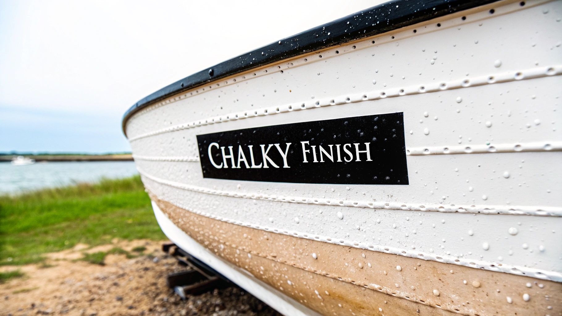 White boat with 'CHALKY FINISH' text on its side, covered in water droplets, on a shore.