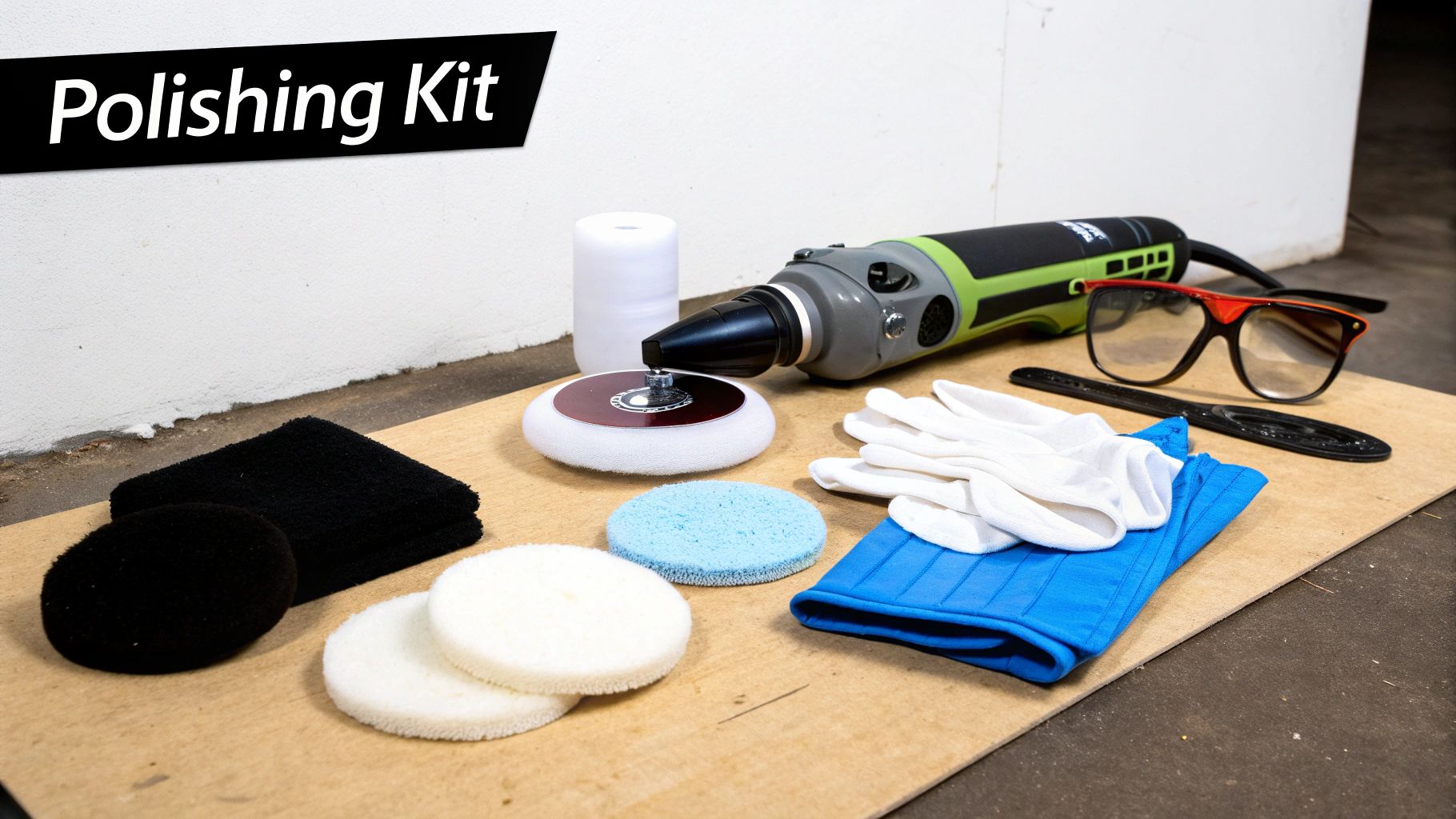 A comprehensive polishing kit laid out, including an electric polisher tool, various polishing pads, safety glasses, gloves, and a liquid container.
