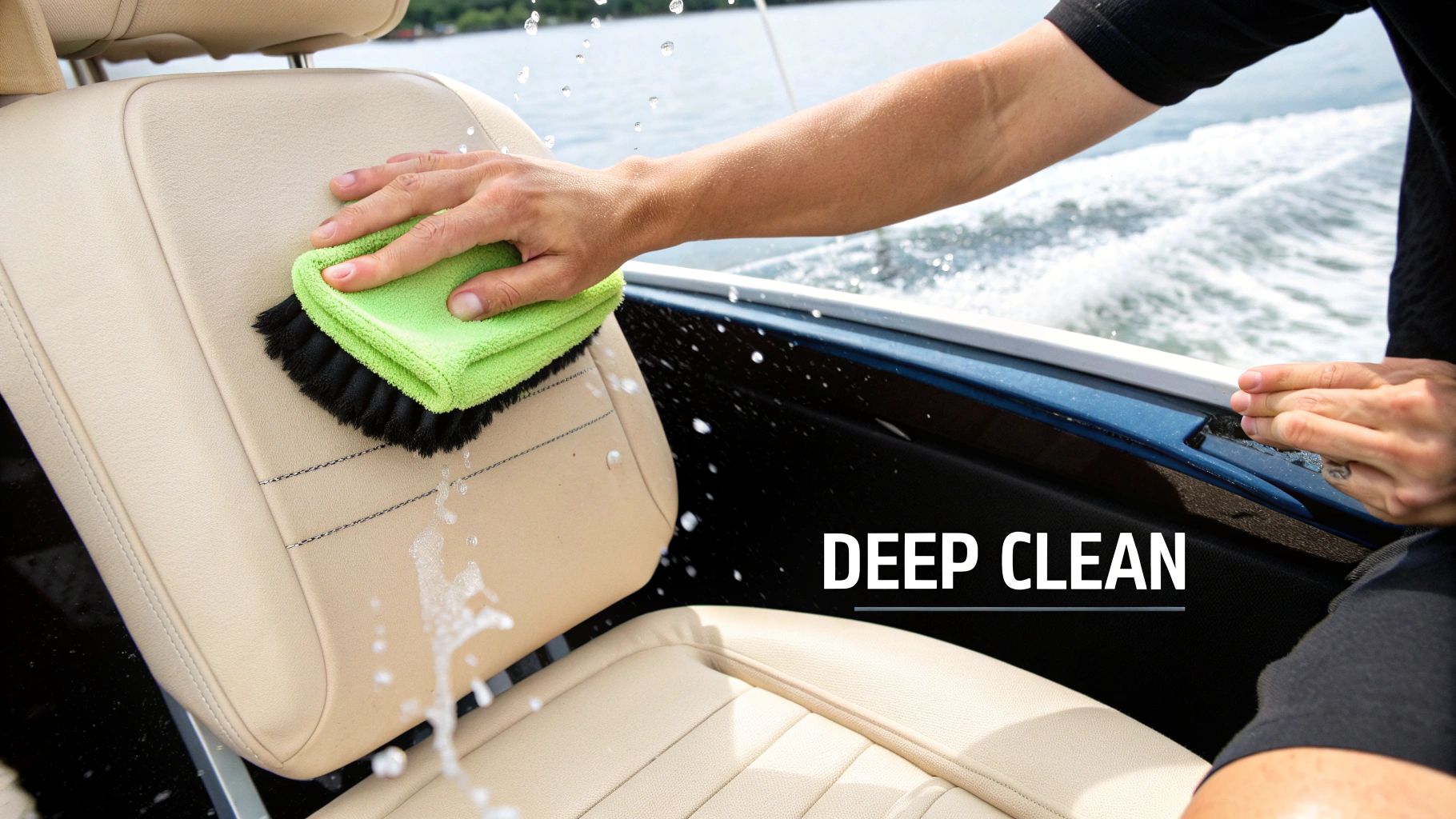A hand uses a green scrubbing brush and cloth to deep clean light-colored boat seats, with water splashes.
