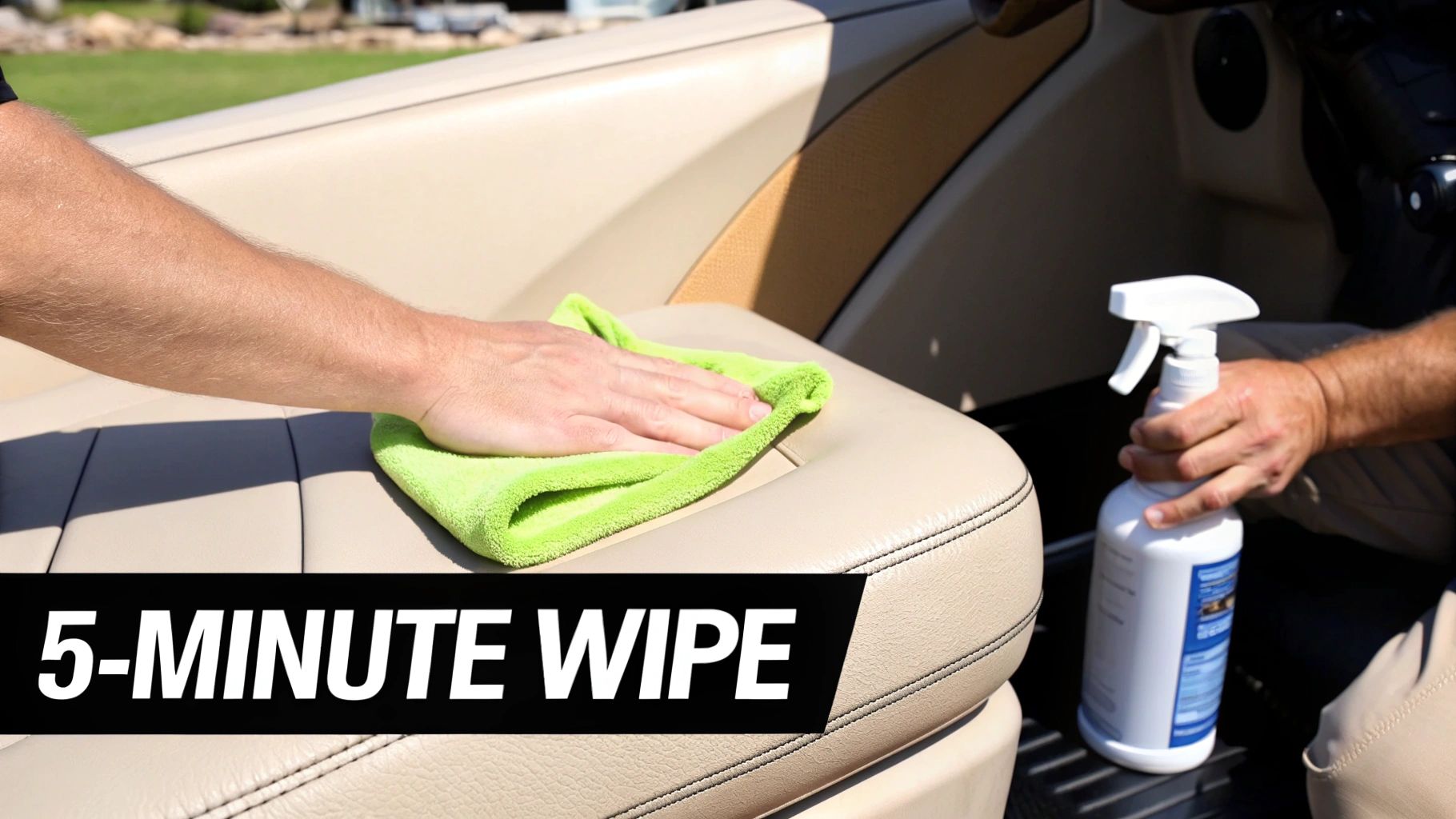 A person wiping a beige vinyl boat seat clean with a green microfiber cloth and spray bottle.