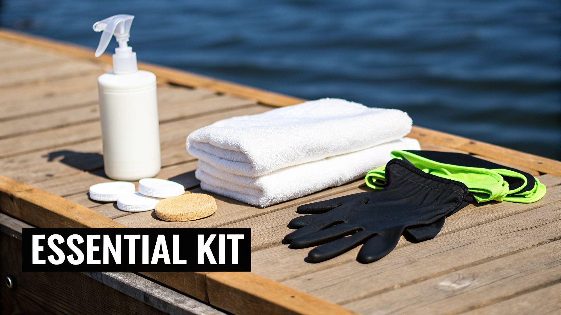 Essential kit for boat maintenance with cleaning spray, towels, gloves, and cloths on a wooden dock.