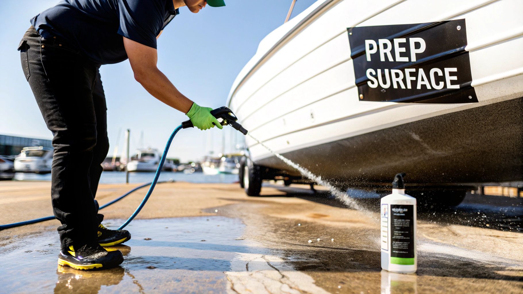 Person in green gloves pressure washing a white boat, preparing its surface at a marina.