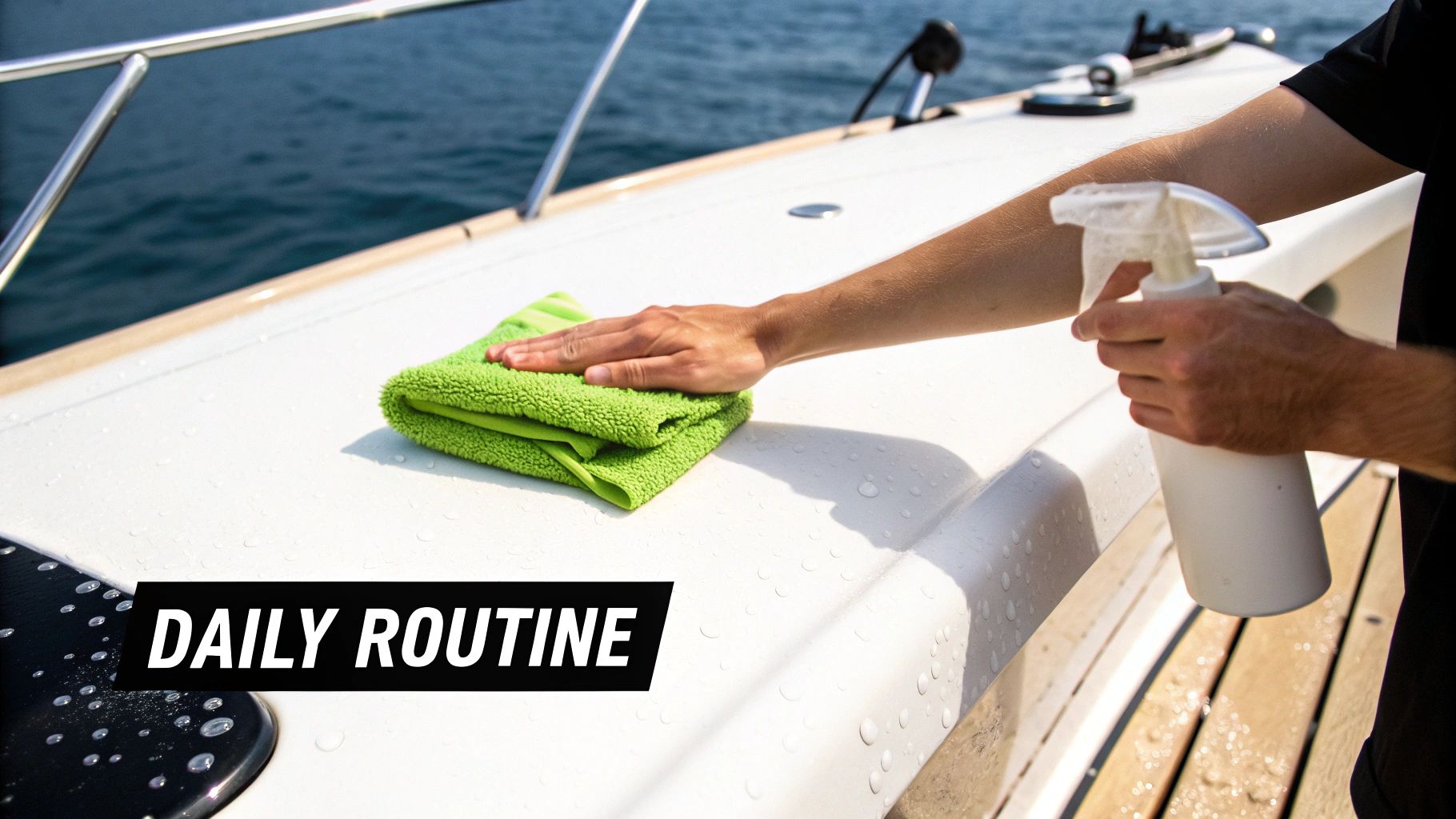 Close-up of a person's hands cleaning a white boat deck with a green towel and spray bottle.