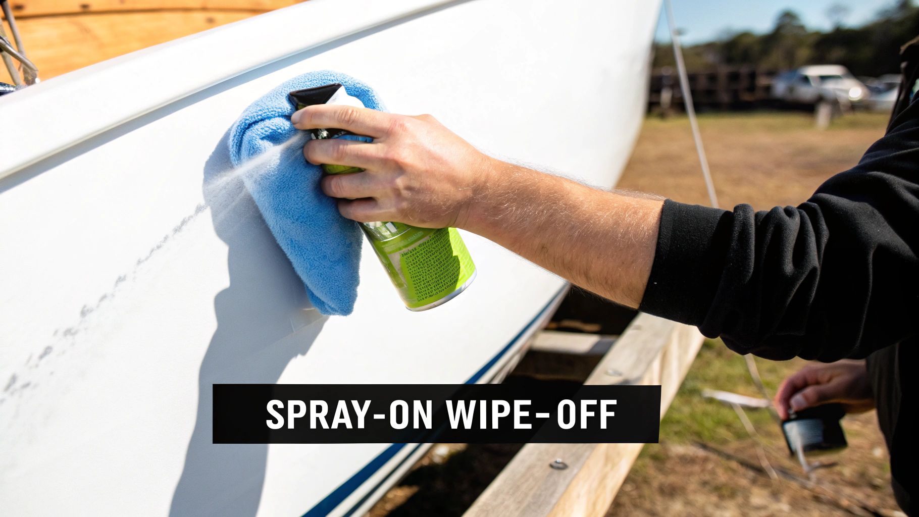 Close-up of a hand spraying cleaner onto a white boat hull with a blue microfiber towel.