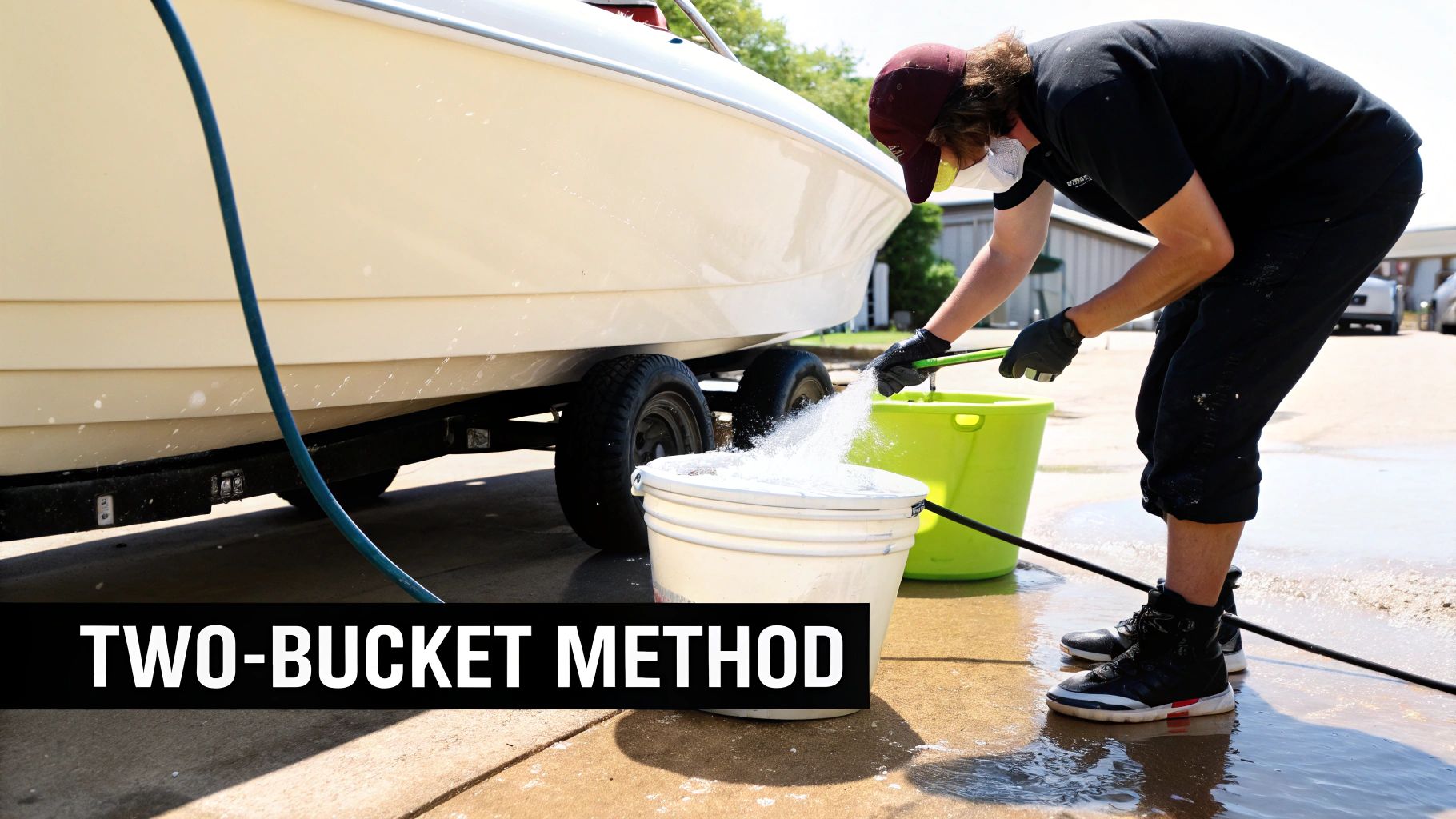 A person demonstrates the two-bucket method for cleaning a boat, pouring water into a bucket.