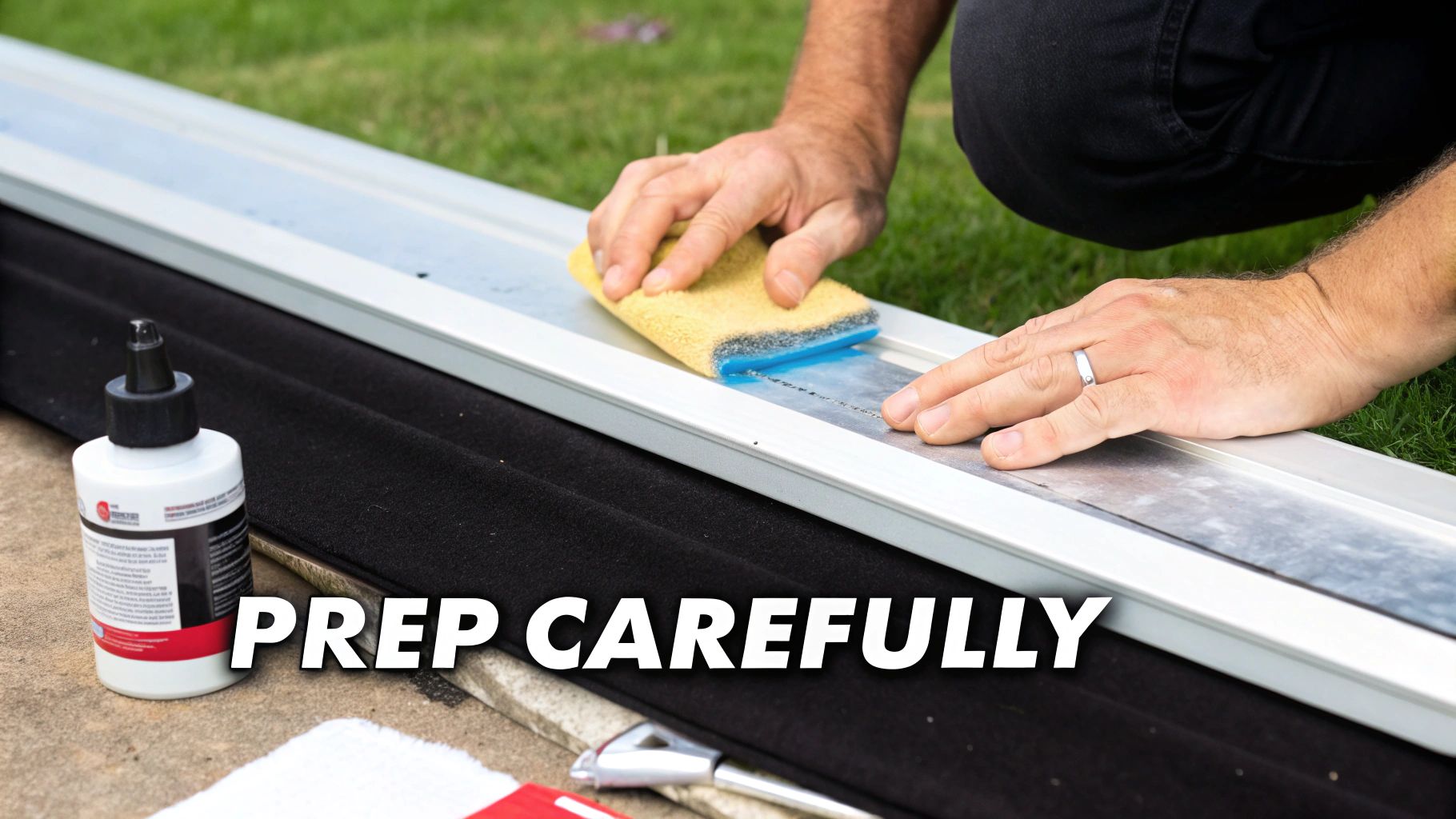 Close-up of hands carefully prepping an aluminum surface with a sponge, a bottle of liquid nearby.