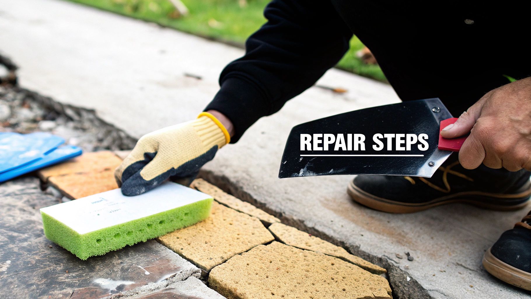 A gloved hand cleans cracked paving with a sponge, next to a trowel displaying 'REPAIR STEPS'.