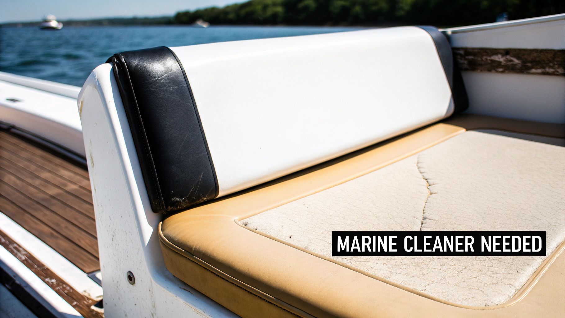 Close-up of worn and dirty boat upholstery on a marine seat, showing cracks and scuffs.