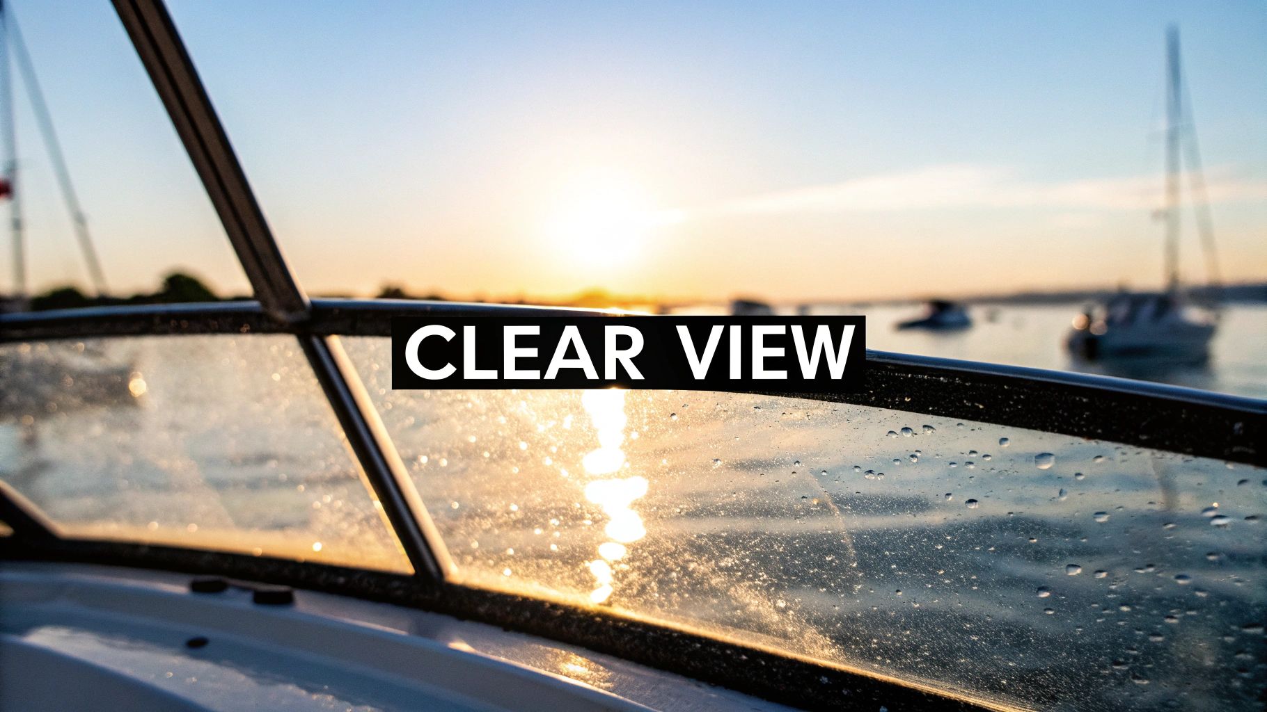 A clear view through a wet boat windshield at sunrise over a bay with other boats.