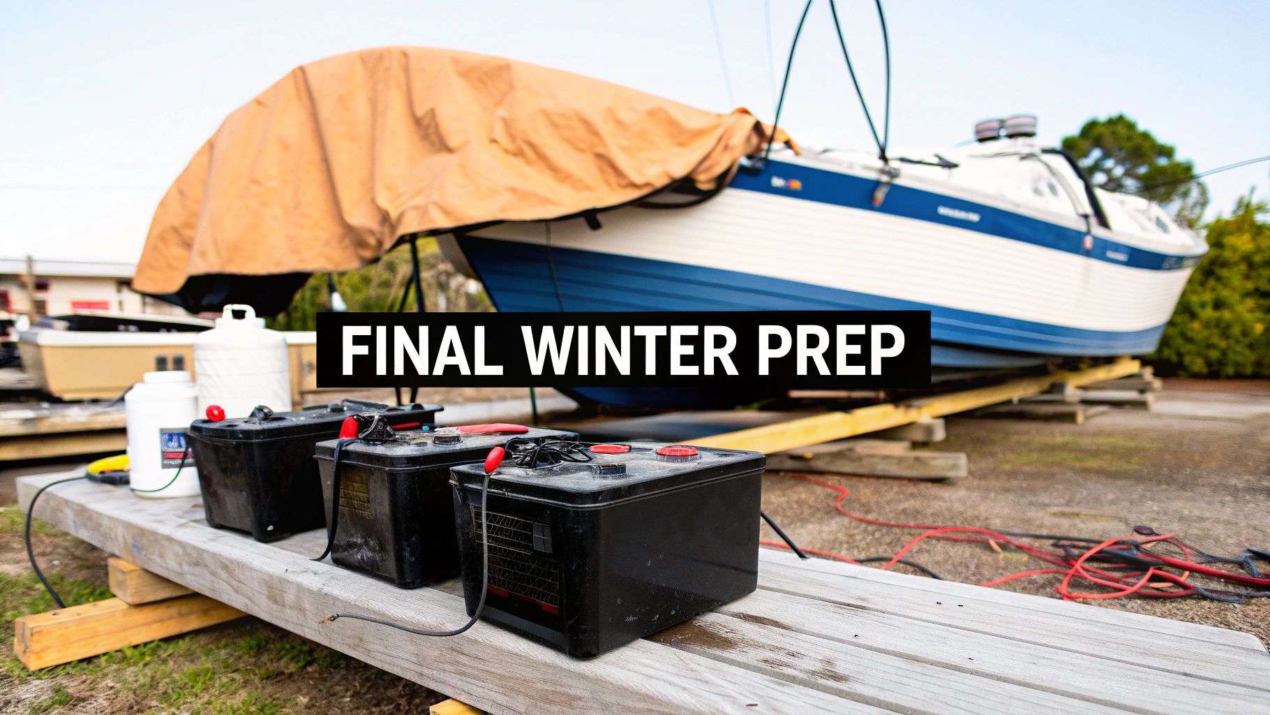 A boat covered with a tarp on dry land, with batteries and equipment in the foreground, ready for winter.