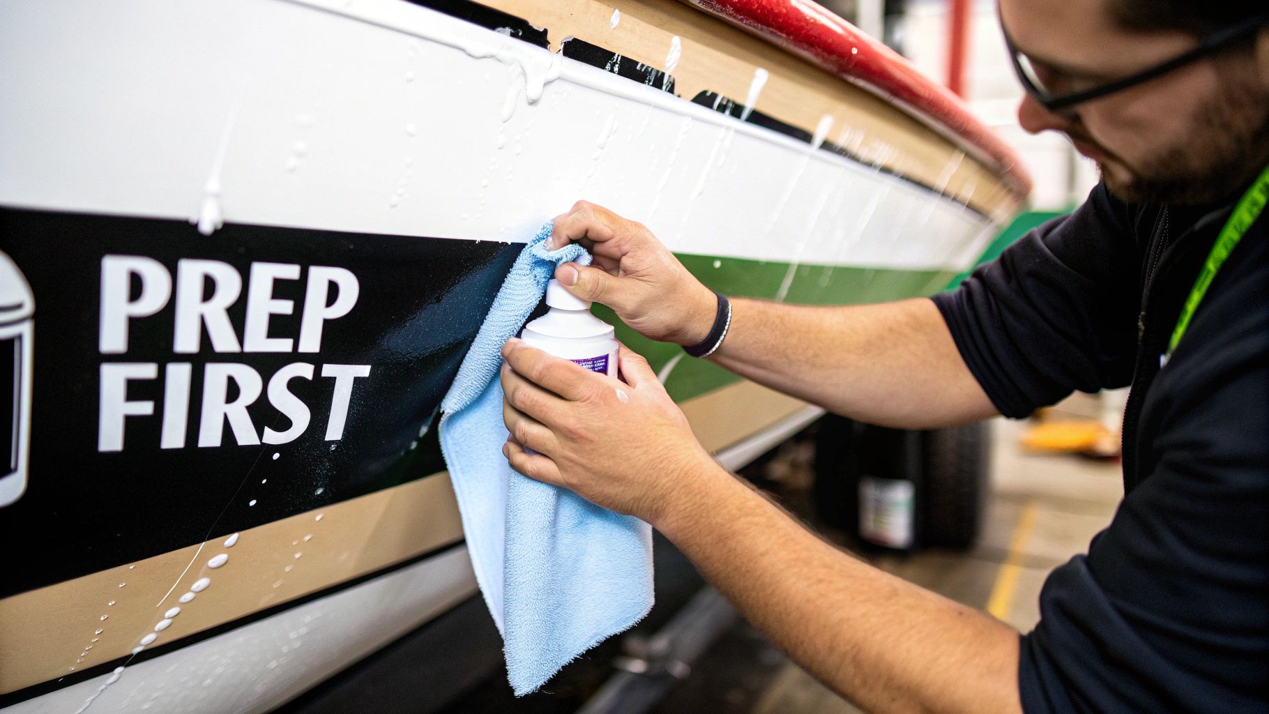 A person applying polish to a boat's hull with a microfiber cloth, near 'PREP FIRST' text.