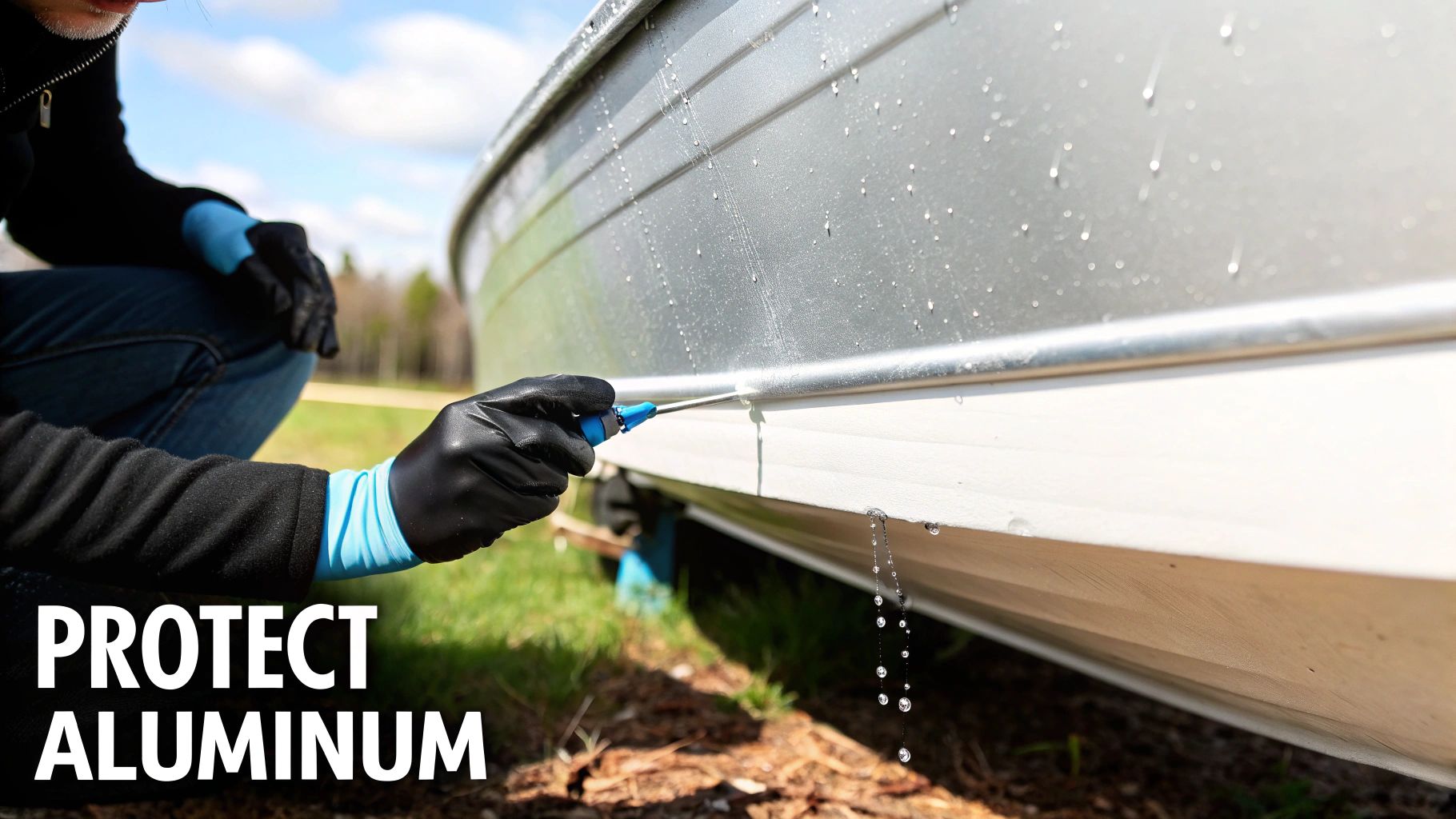 Person in black gloves applying sealant to the aluminum hull of a boat for protection.