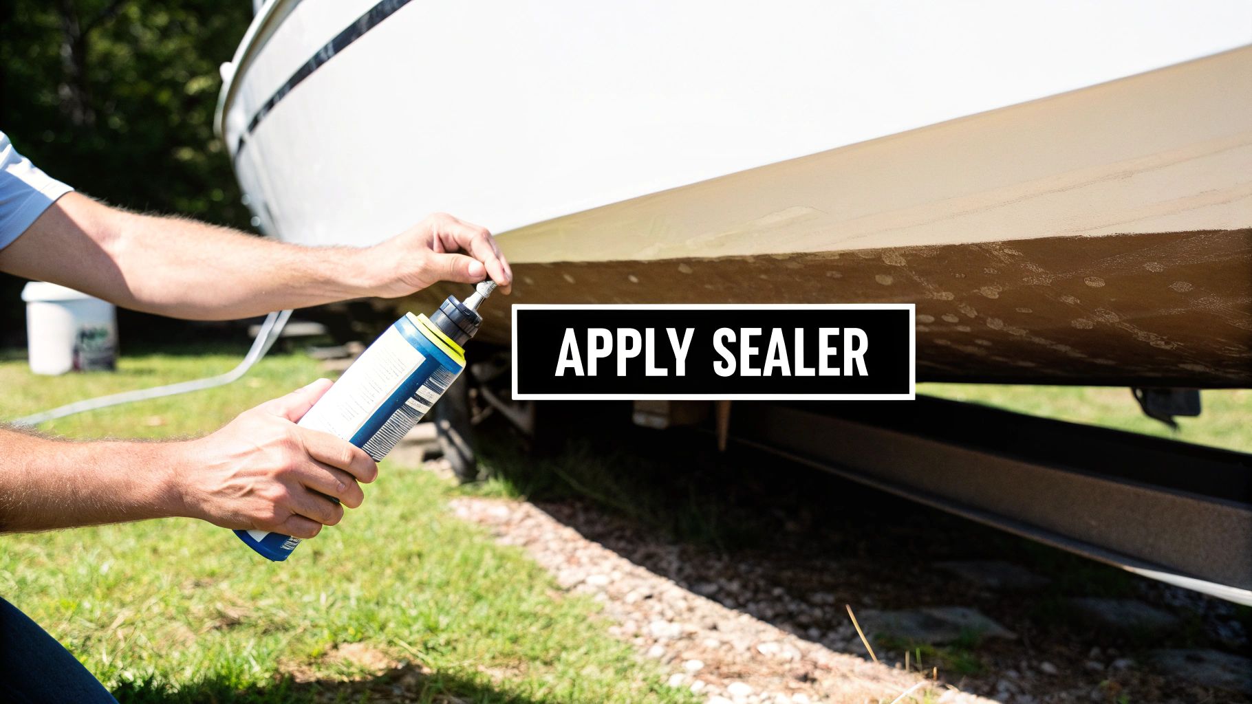 A person applying a protective sealer to the bottom of a white boat hull on a trailer.