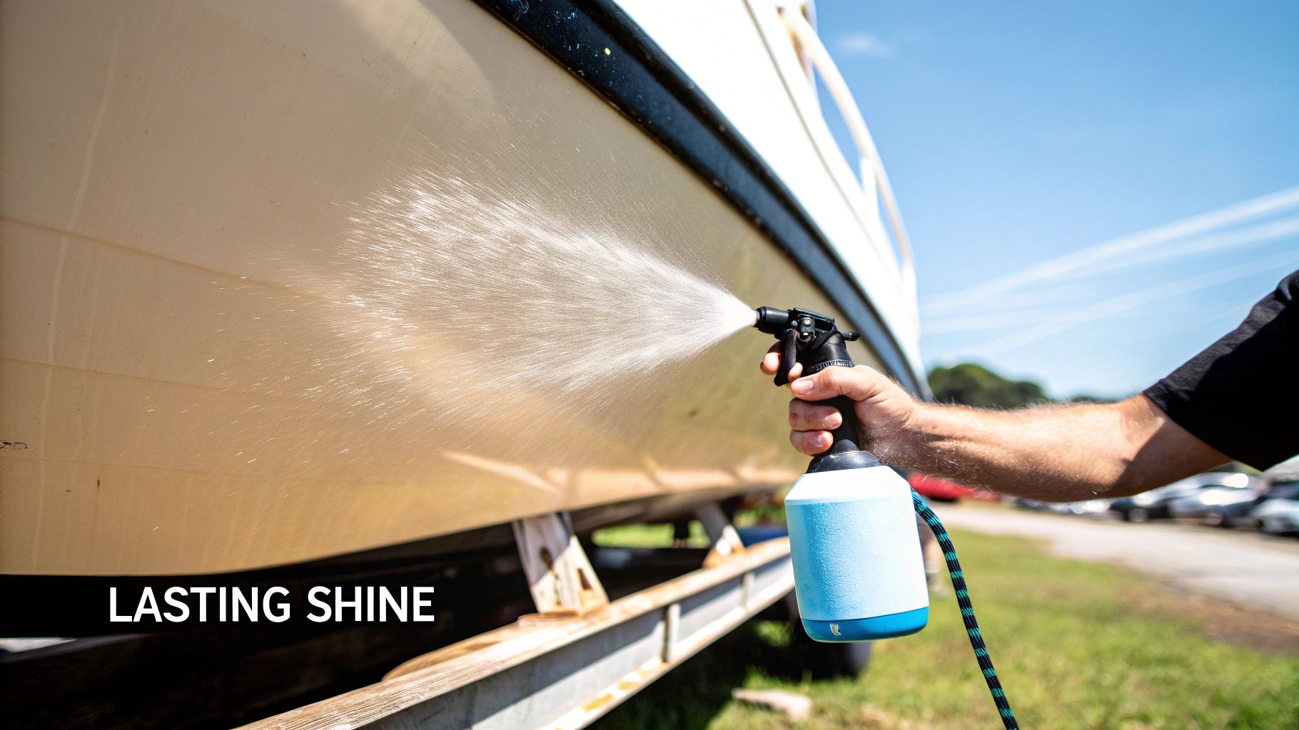 A person sprays cleaning solution onto a boat hull with a hose for a lasting shine.
