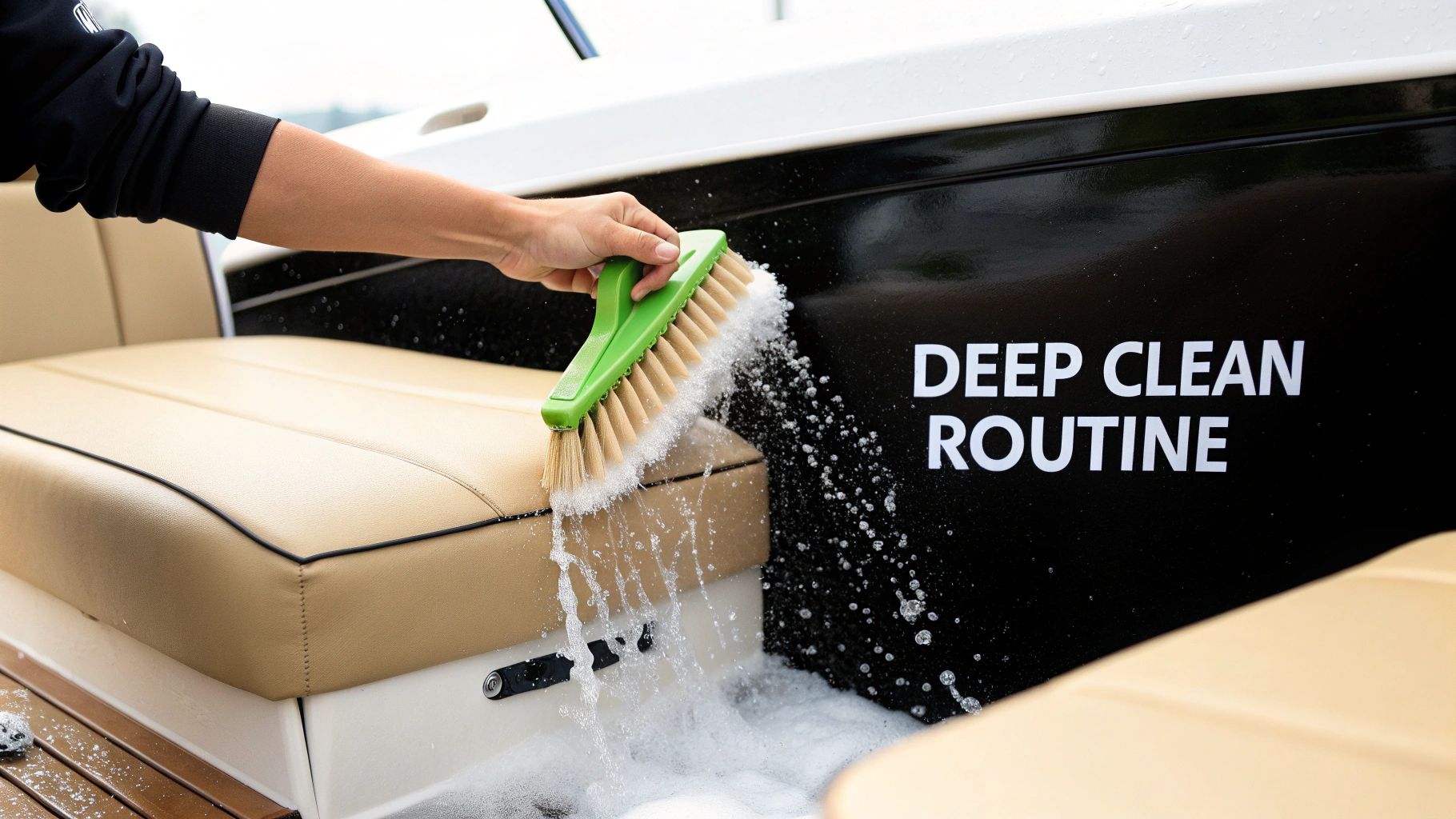 A hand uses a green brush to deep clean tan vinyl boat seats with soapy water.