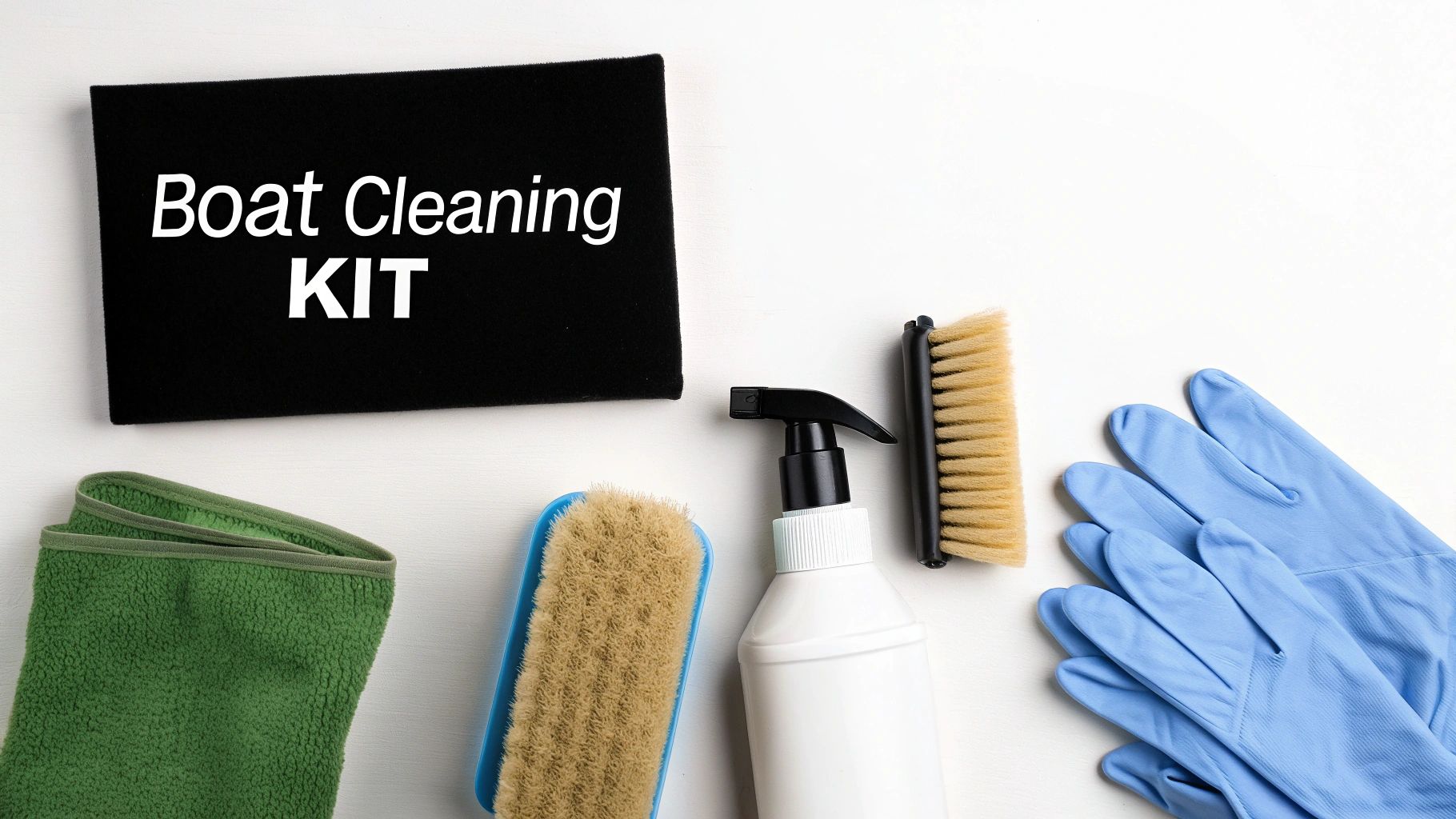 A boat cleaning kit with brushes, spray bottle, green towel, and blue gloves on a white background.