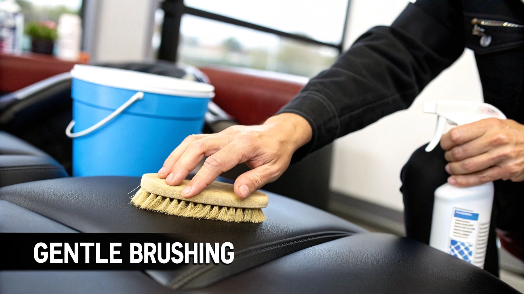 A person's hand gently brushes black upholstery with a soft brush, next to a blue bucket.