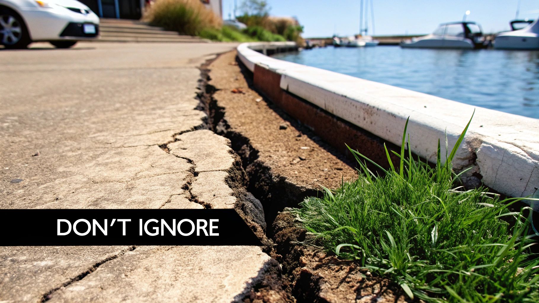 A large crack in a concrete path next to a waterfront marina with boats and 'DON'T IGNORE' text.