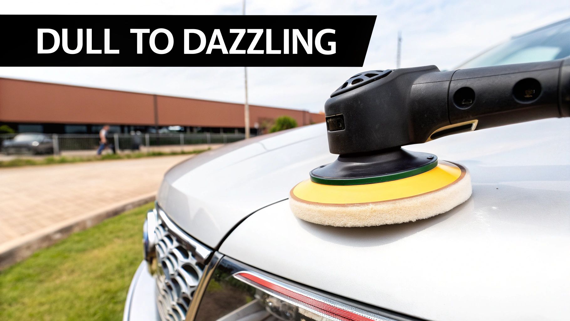 A car polisher used on a silver car's hood, transforming the finish from dull to dazzling.