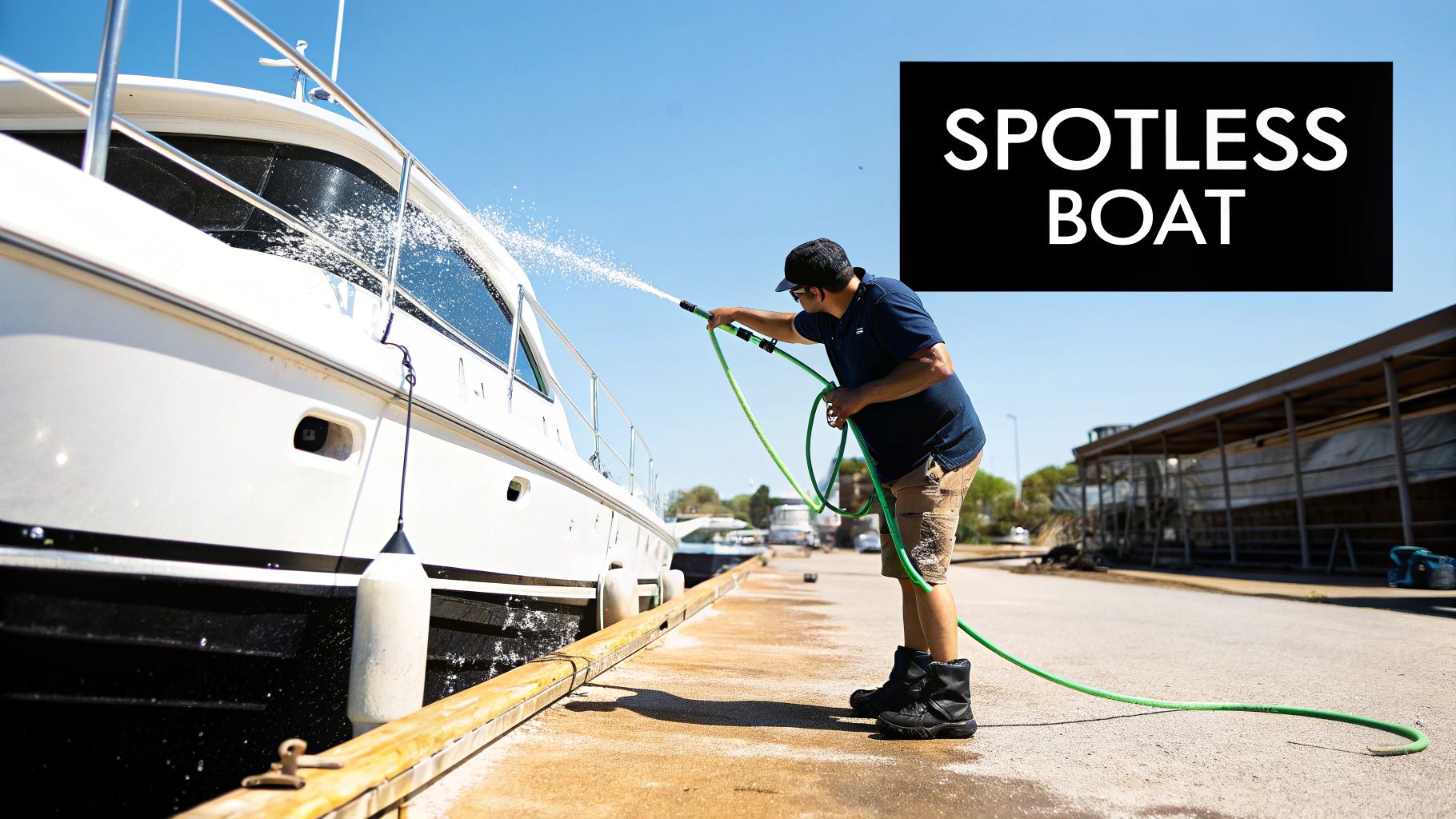 A man hoses down a large white and black boat docked at a marina under a clear blue sky.