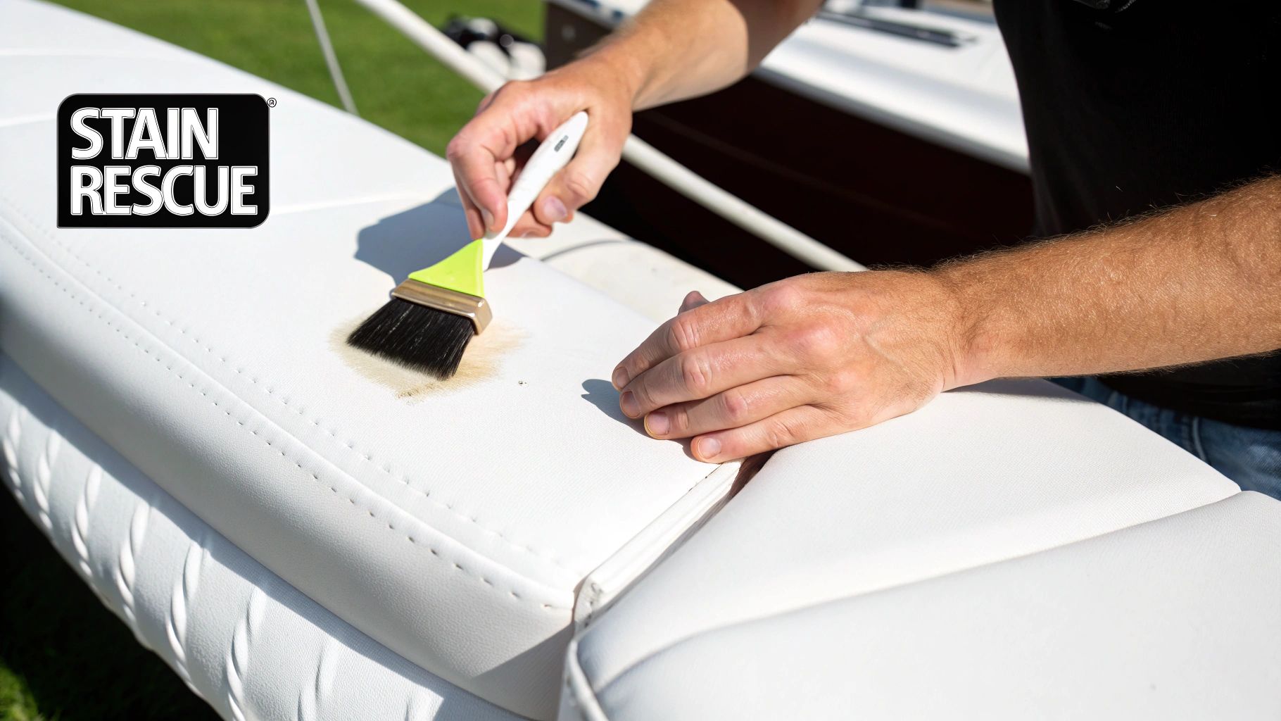 Hands using a brush to clean a brown stain from a white boat seat with STAIN RESCUE.