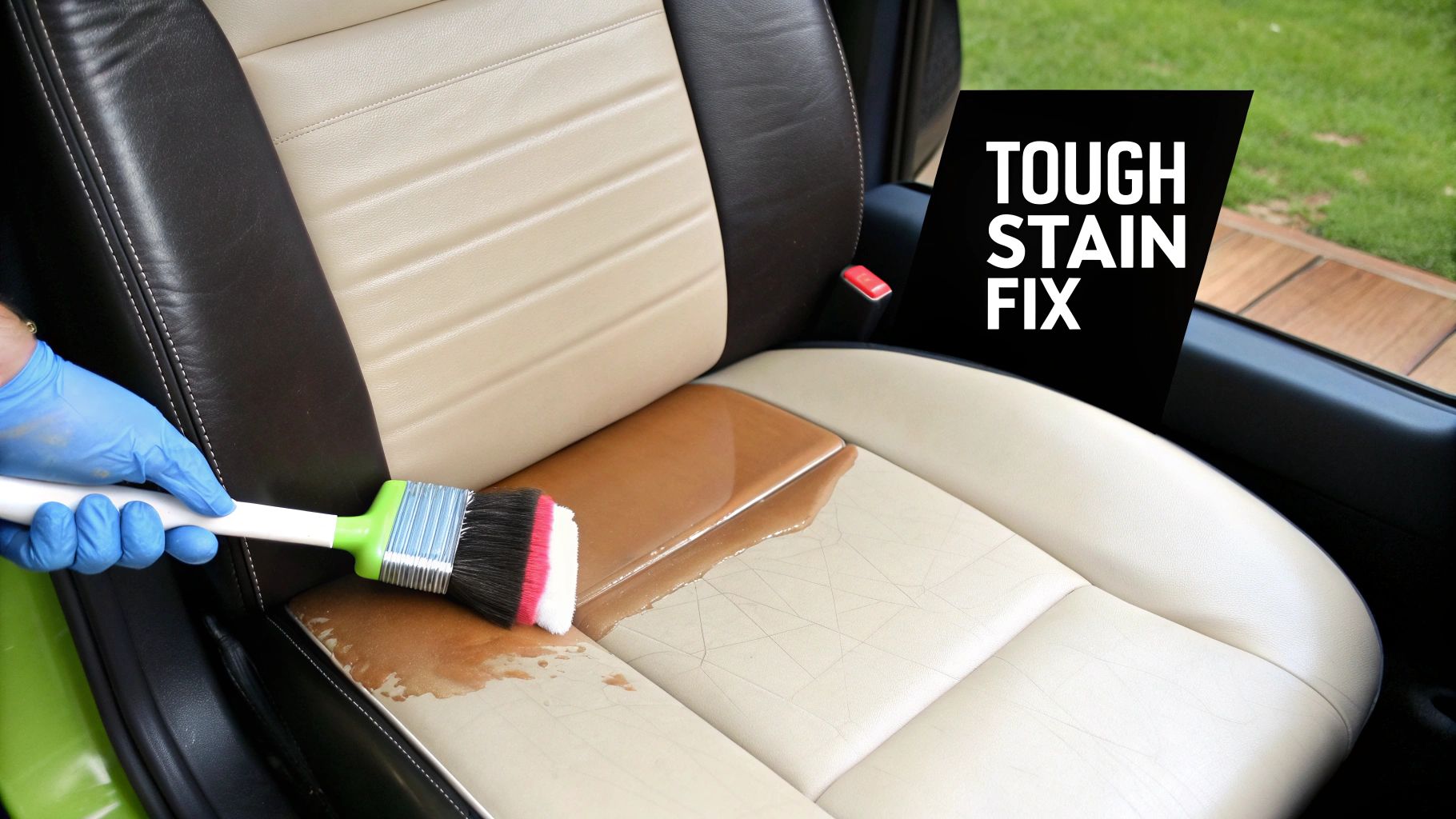 A person in blue gloves uses a brush to clean a tough brown stain on a light-colored car seat.