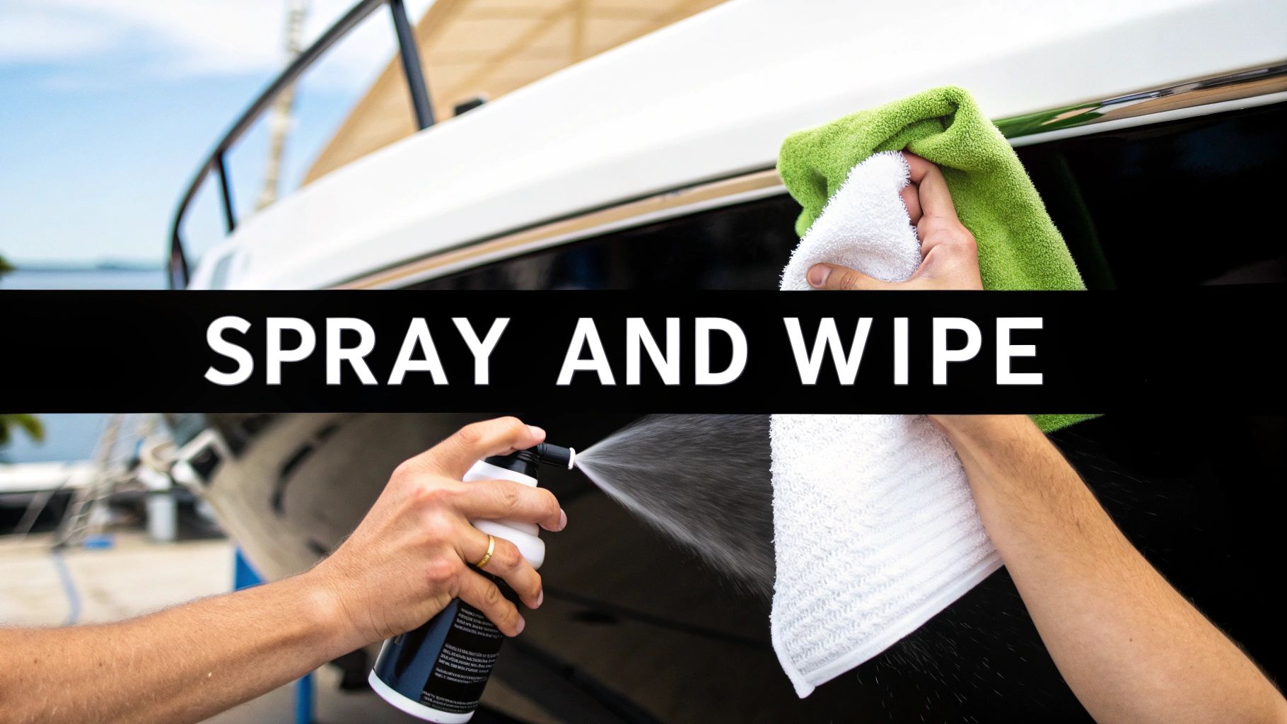 Hands spraying and wiping a boat surface with a product and towels, demonstrating application.