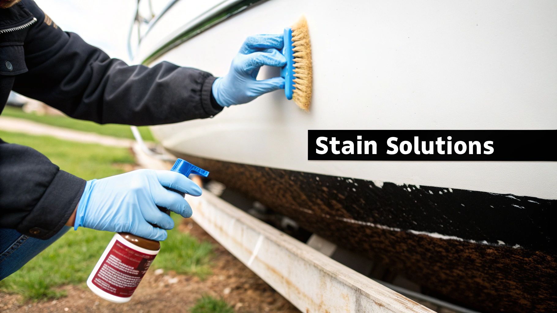 Person wearing blue gloves cleans a boat hull with a scrub brush and spray bottle, removing stains.