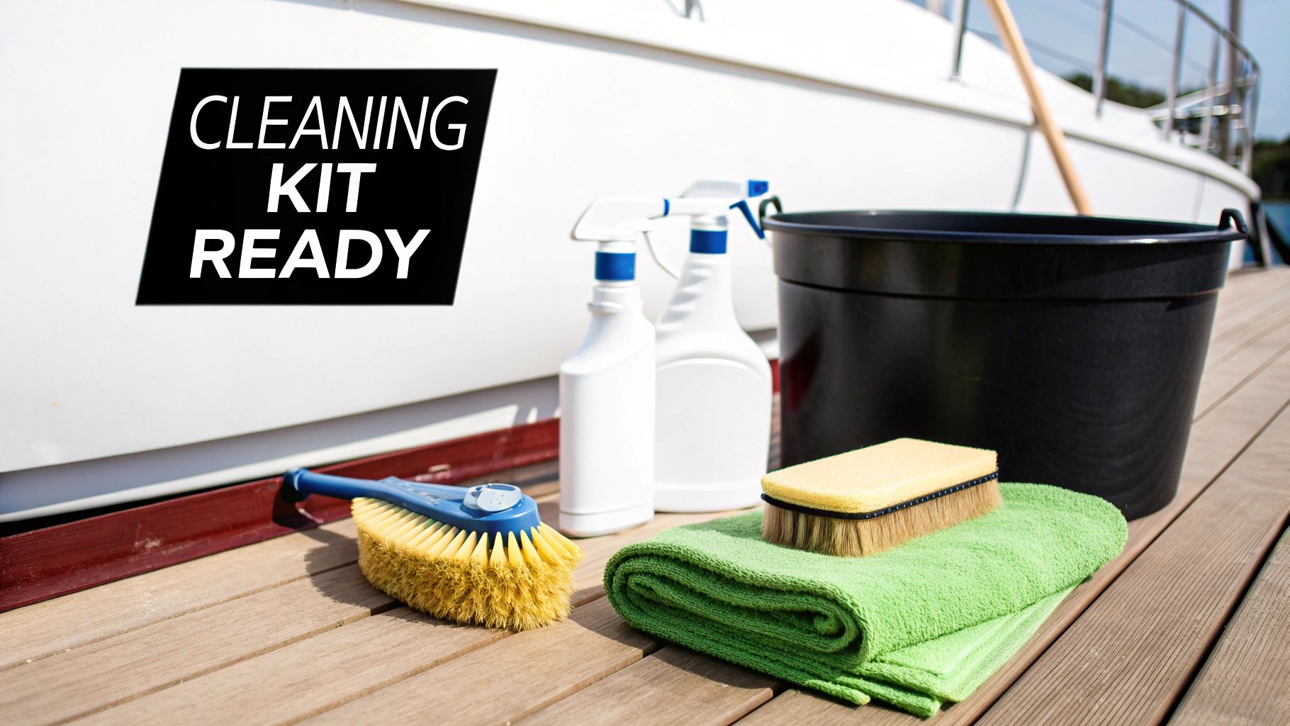 A cleaning kit featuring brushes, spray bottles, a bucket, and towels, laid out on a wooden deck next to a boat.