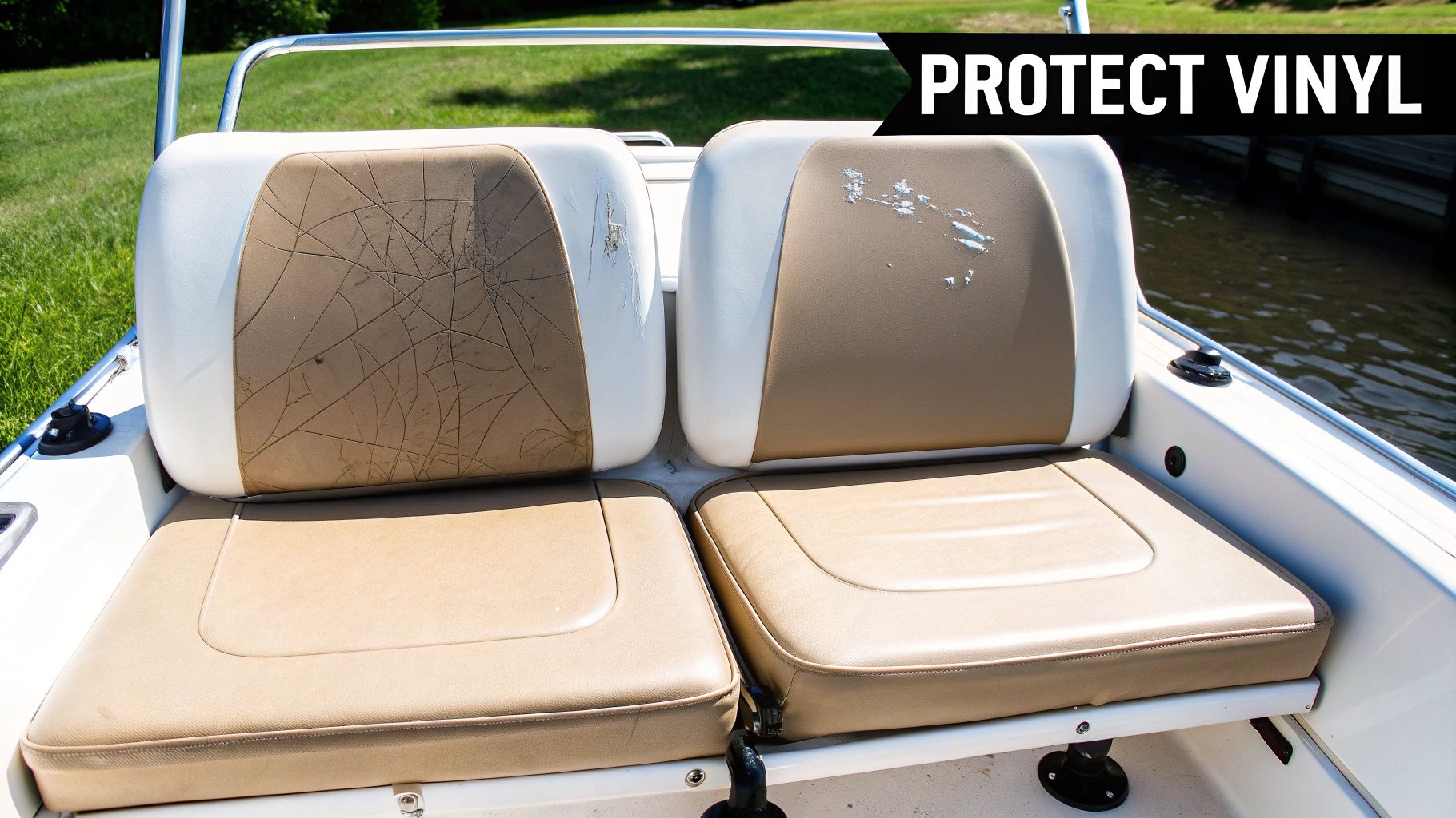Two boat seats showing severe cracking and peeling vinyl upholstery, emphasizing need for protection.