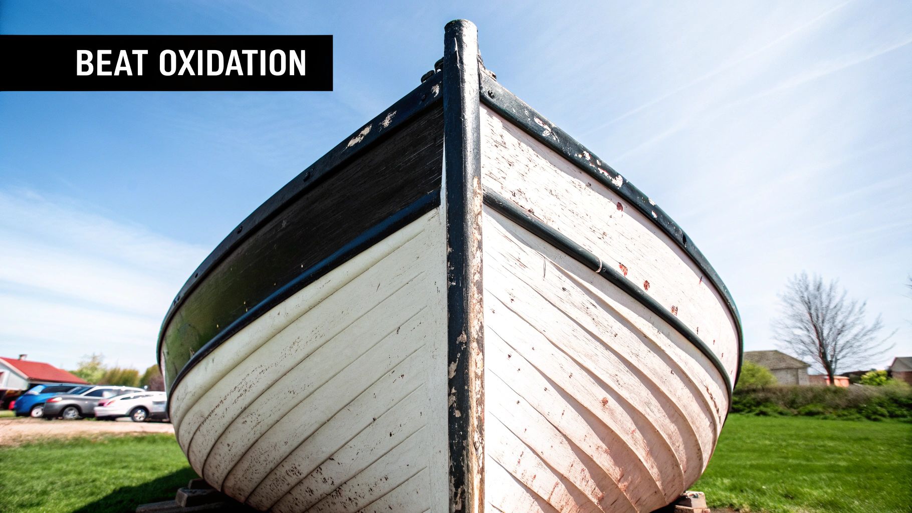 Front view of an old white and black boat on land, with 'BEAT OXIDATION' banner.