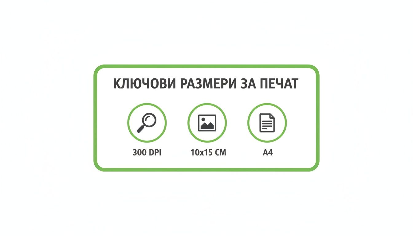 Изображение, показващо ключови размери за печат: 300 DPI, 10x15 CM и A4.