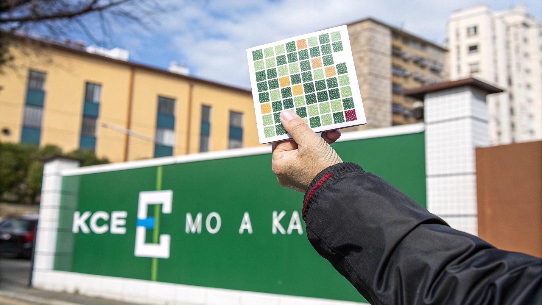 Ръка държи карта с цветна мрежа от квадрати пред сгради и зелена стена с надпис.