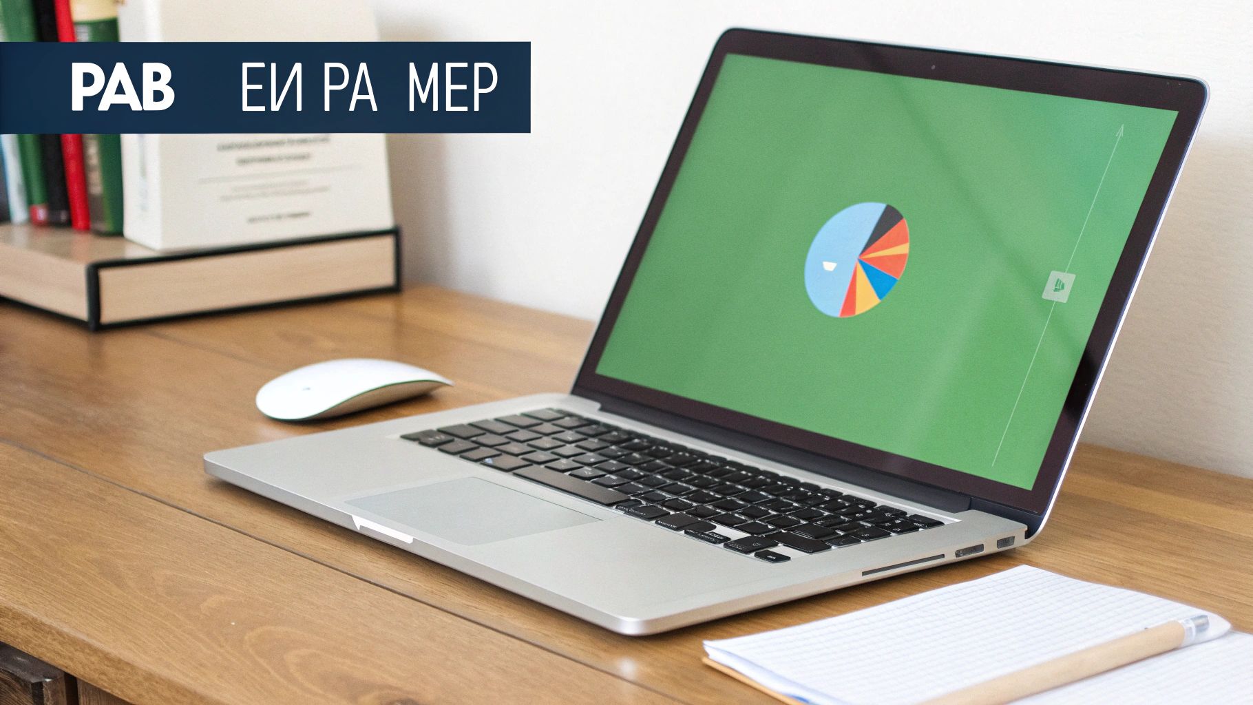 Лаптоп с диаграма на екрана и мишка върху дървена маса, заобиколени от книги и тетрадка.