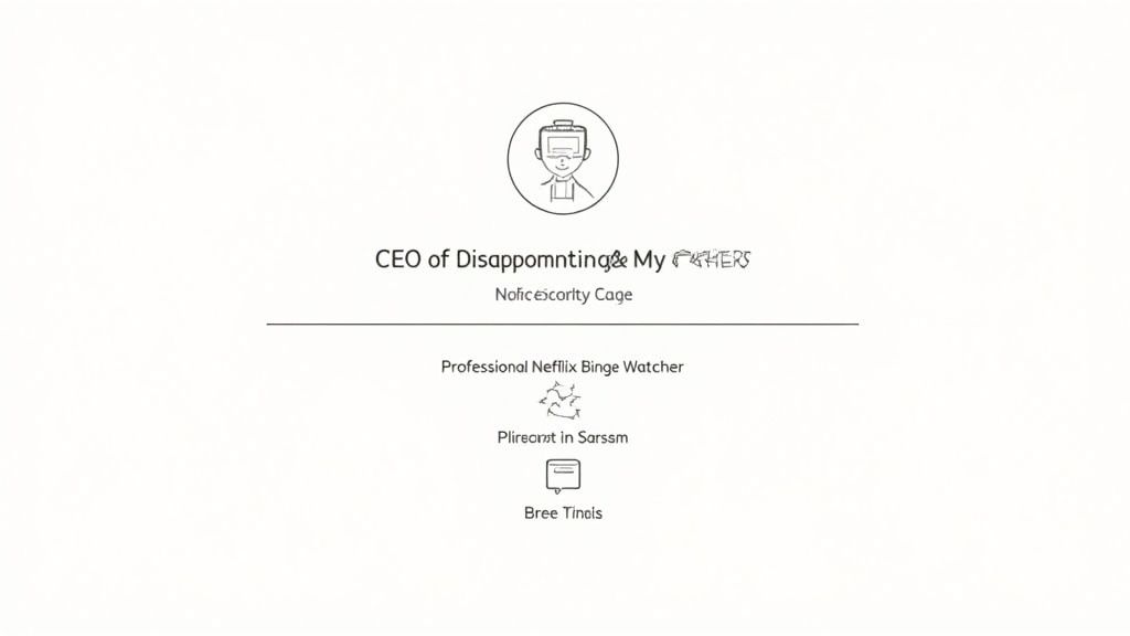 A humorous infographic showcasing the Resume Parody Bio concept with icons for Creativity, Professional Jargon, and Relatable Humor.